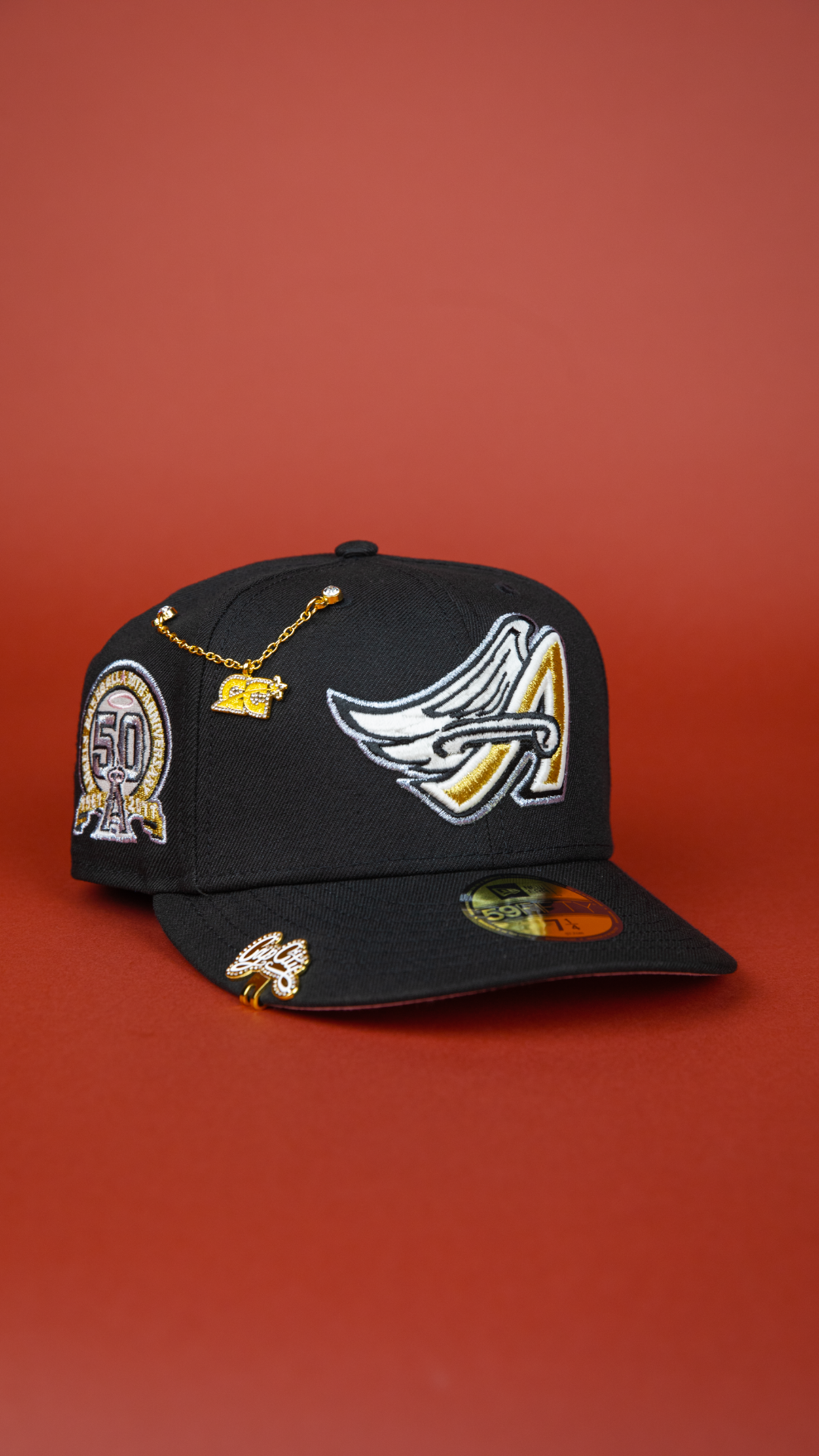 NEW ERA EXCLUSIVE 59FIFTY BLACK ANAHEIM ANGELS W/ 50TH ANNIVERSARY SIDE PATCH