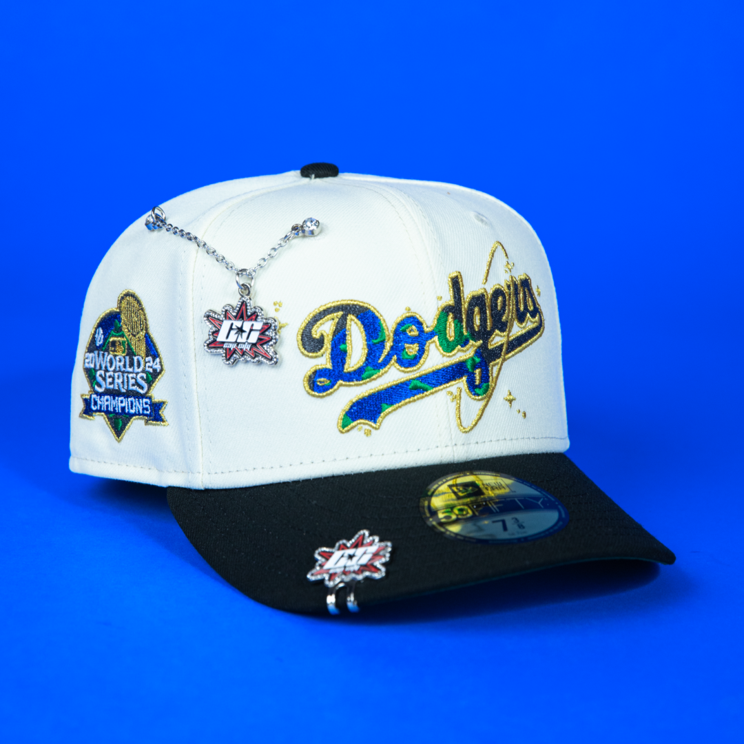 NEW ERA EXCLUSIVE 59FIFTY CHROME/ BLACK LOS ANGELES DODGERS GALAXY SCRIPT W/ 2024 WORLD SERIES CHAMPIONS SIDE PATCH