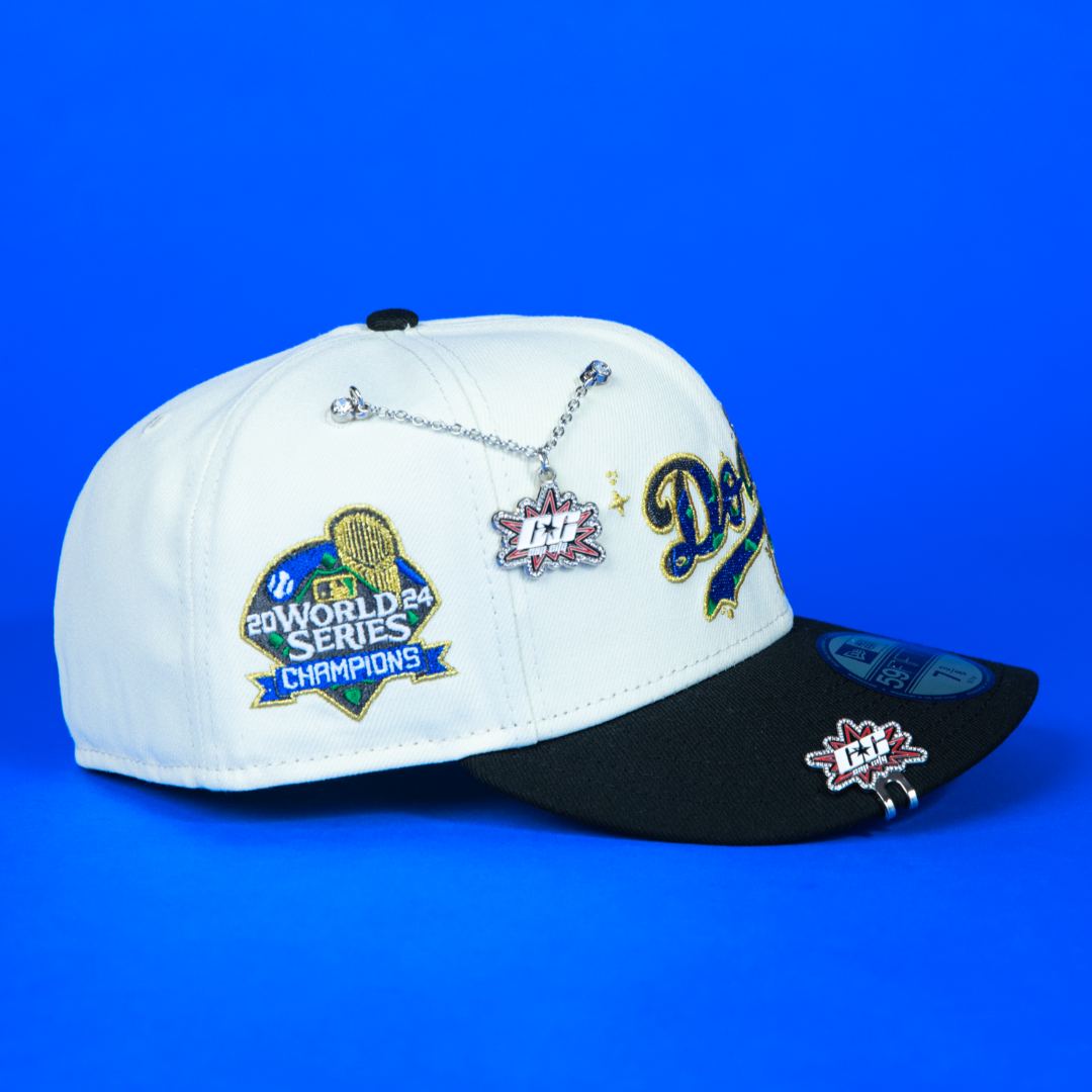 NEW ERA EXCLUSIVE 59FIFTY CHROME/ BLACK LOS ANGELES DODGERS GALAXY SCRIPT W/ 2024 WORLD SERIES CHAMPIONS SIDE PATCH