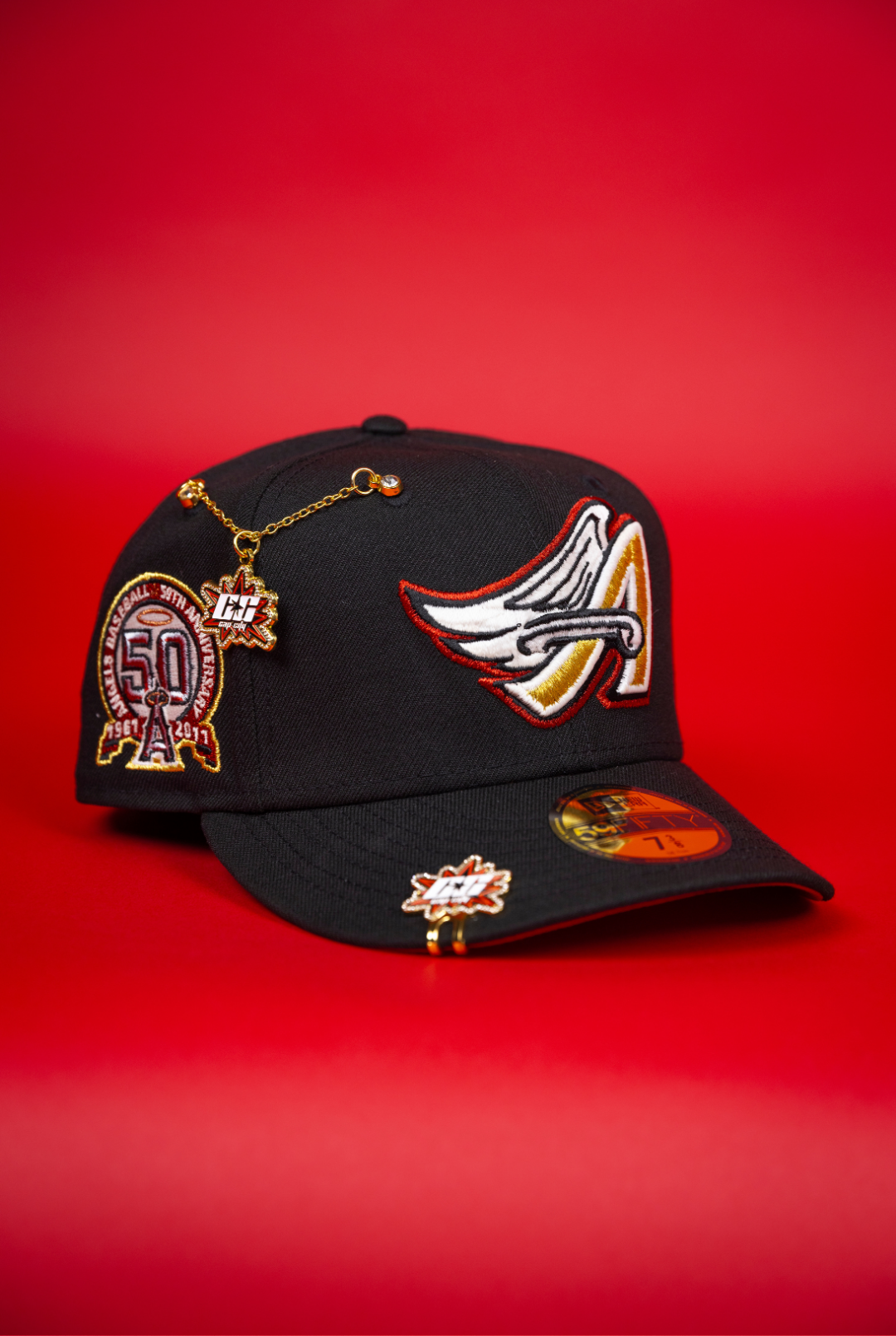 NEW ERA EXCLUSIVE 59FIFTY BLACK ANAHEIM ANGELS W/ 50TH ANNIVERSARY SIDE PATCH