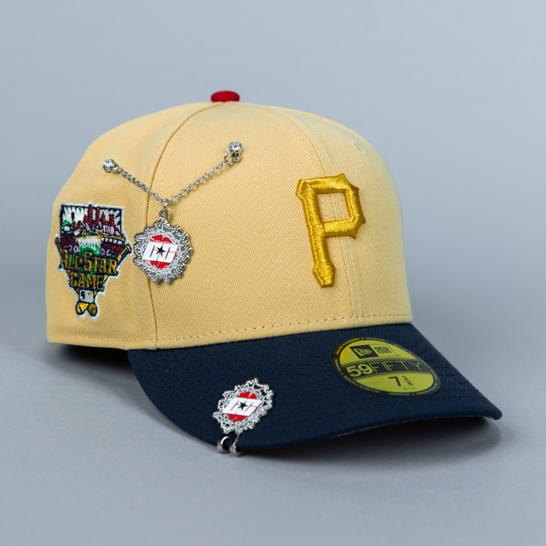 NEW ERA EXCLUSIVE 59FIFTY VEGAS GOLD/ NAVY PITTSBURGH PIRATES W/ ALL STAR GAME SIDE PATCH