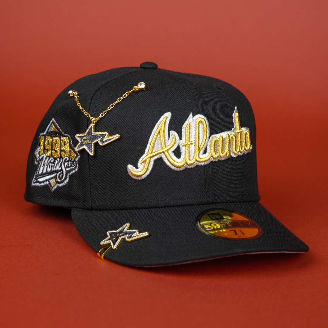 NEW ERA 59FIFTY BLACK ATLANTA BRAVES SCRIPT W/ 1999 WORLD SERIES SIDE PATCH