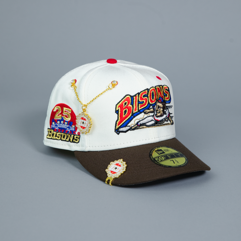 NEW ERA EXCLUSIVE 59FIFTY CHROME/ WALNUT BUFFALO BISONS W/ 25TH ANNIVERSARY PATCH
