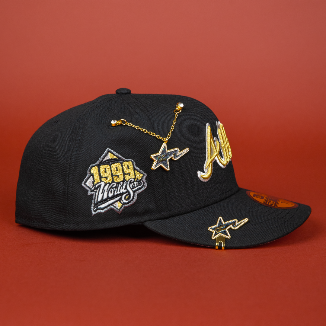 NEW ERA 59FIFTY BLACK ATLANTA BRAVES SCRIPT W/ 1999 WORLD SERIES SIDE PATCH