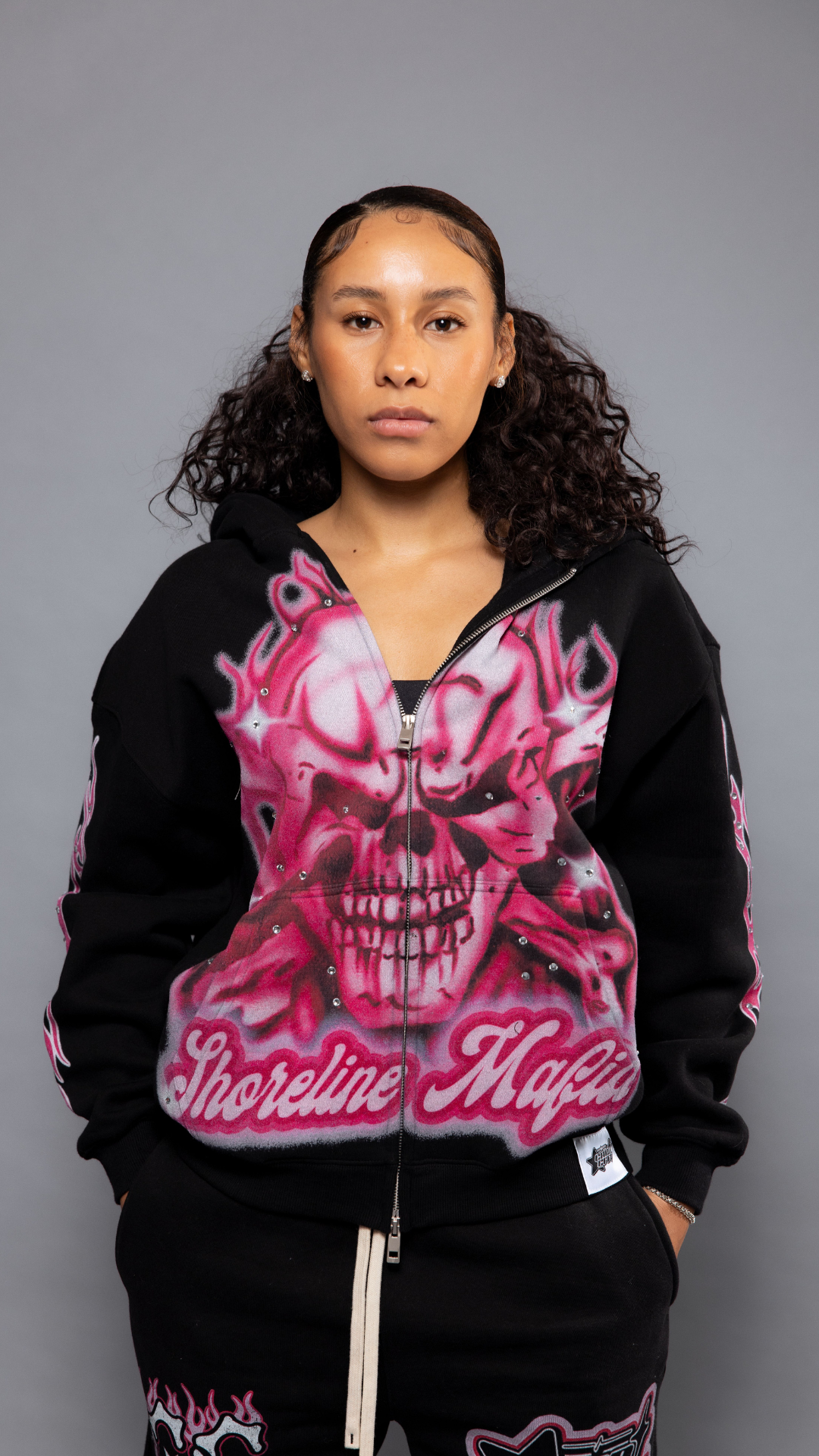 CAP CITY X SHORELINE MAFIA BLACK/PINK AIR BRUSH ZIP UP HOODIE W/ RHINE