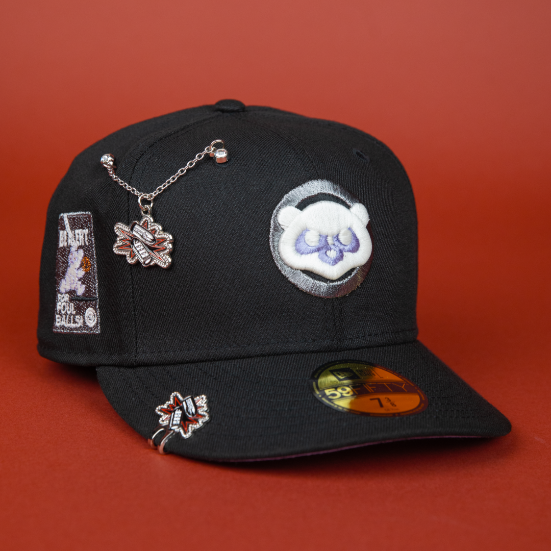 NEW ERA EXCLUSIVE 59FIFTY BLACK CHICAGO CUBS W/ "BE ALERT FOR FOUL BALLS" SIDE PATCH