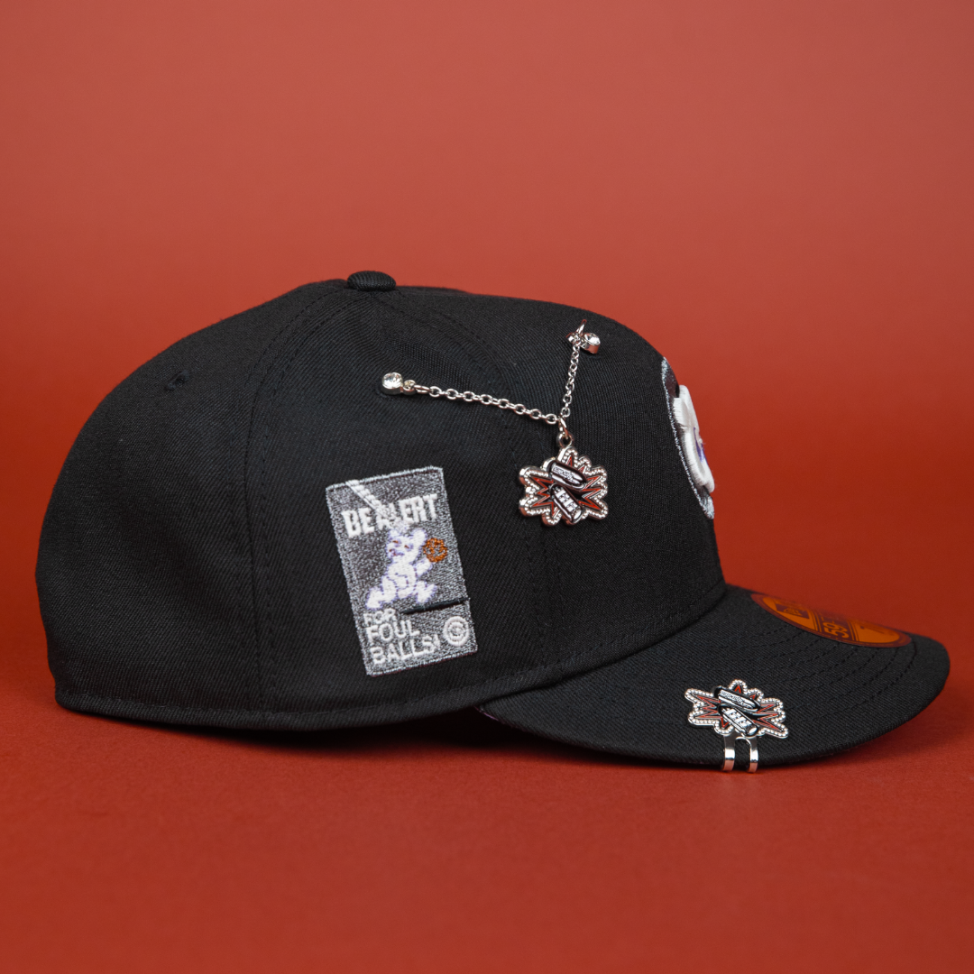 NEW ERA EXCLUSIVE 59FIFTY BLACK CHICAGO CUBS W/ "BE ALERT FOR FOUL BALLS" SIDE PATCH