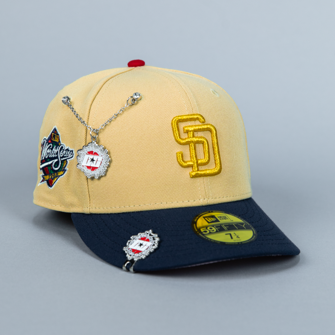 NEW ERA EXCLUSIVE 59FIFTY VEGAS GOLD/ NAVY SAN DIEGO PADRES W/ 1998 WORLD SERIES SIDE PATCH