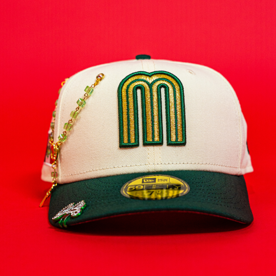 NEW ERA EXCLUSIVE 59FIFTY CHROME/ FOREST GREEN MEXICO 2025 WORLD BASEBALL CLASSIC W/ MEXICO FLAG SIDE PATCH