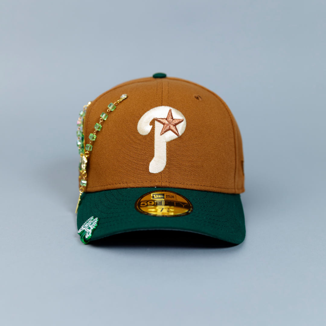NEW ERA EXCLUSIVE 59FIFTY DARK KHAKI/ PINE GREEN PHILADELPHIA PHILLIES W/ 1996 ALL STAR GAME SIDE PATCH