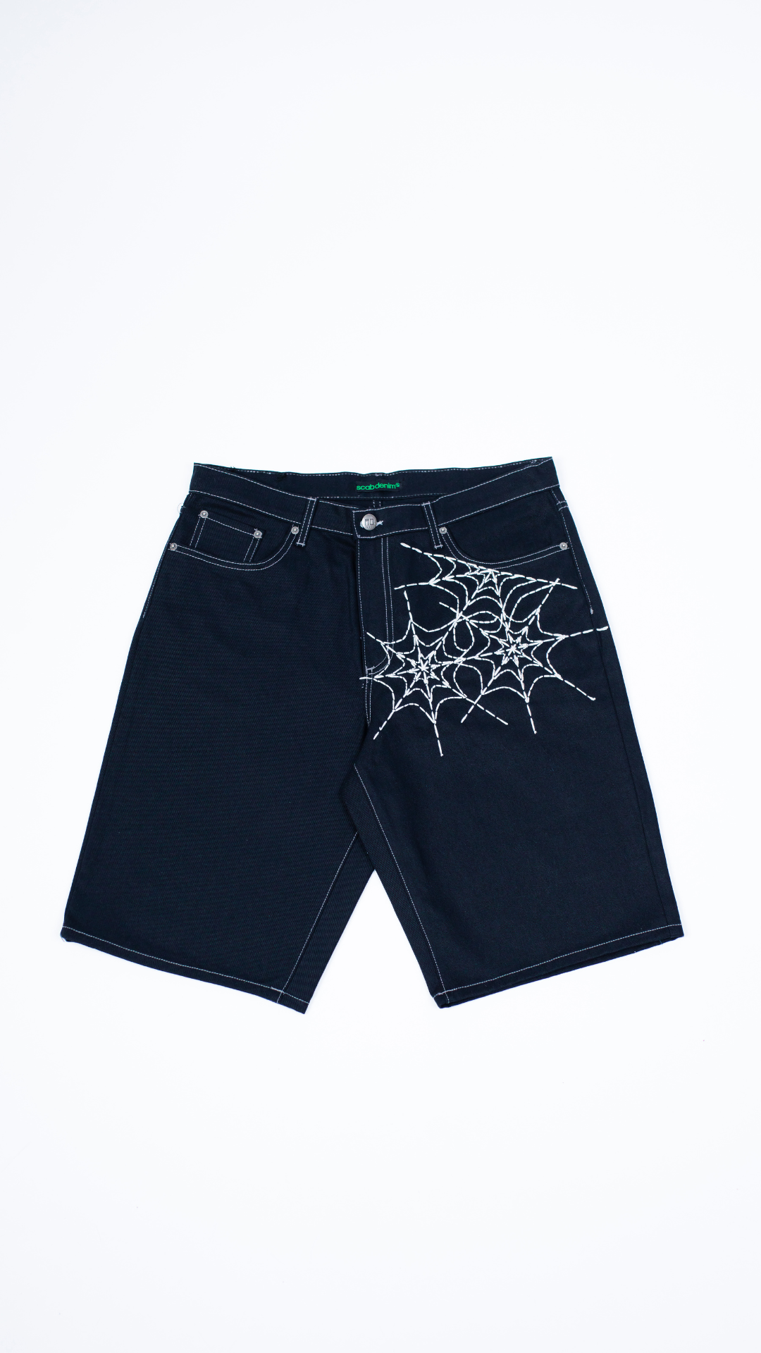 EXCLUSIVE CLUB BLACK SPIDER WEB JEAN SHORTS