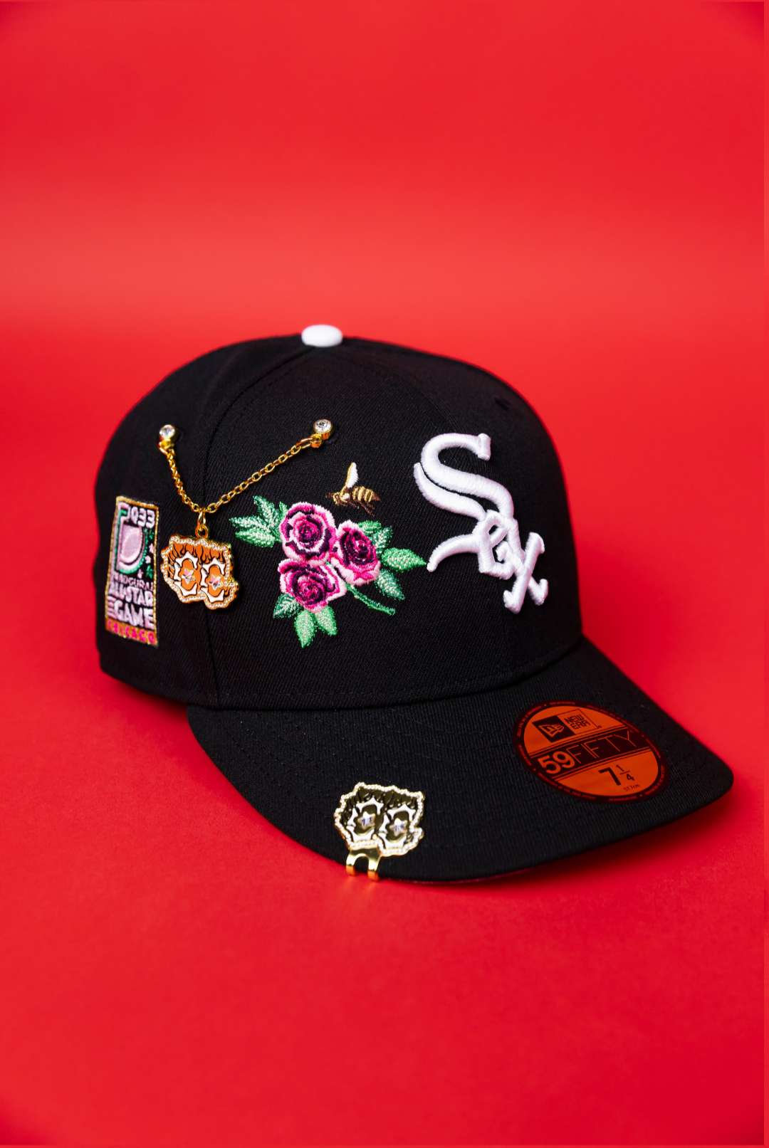 NEW ERA EXCLUSIVE 59FIFTY BLACK CHICAGO WHITE SOX W/ PINK ROSES + ALL STAR GAME SIDE PATCH