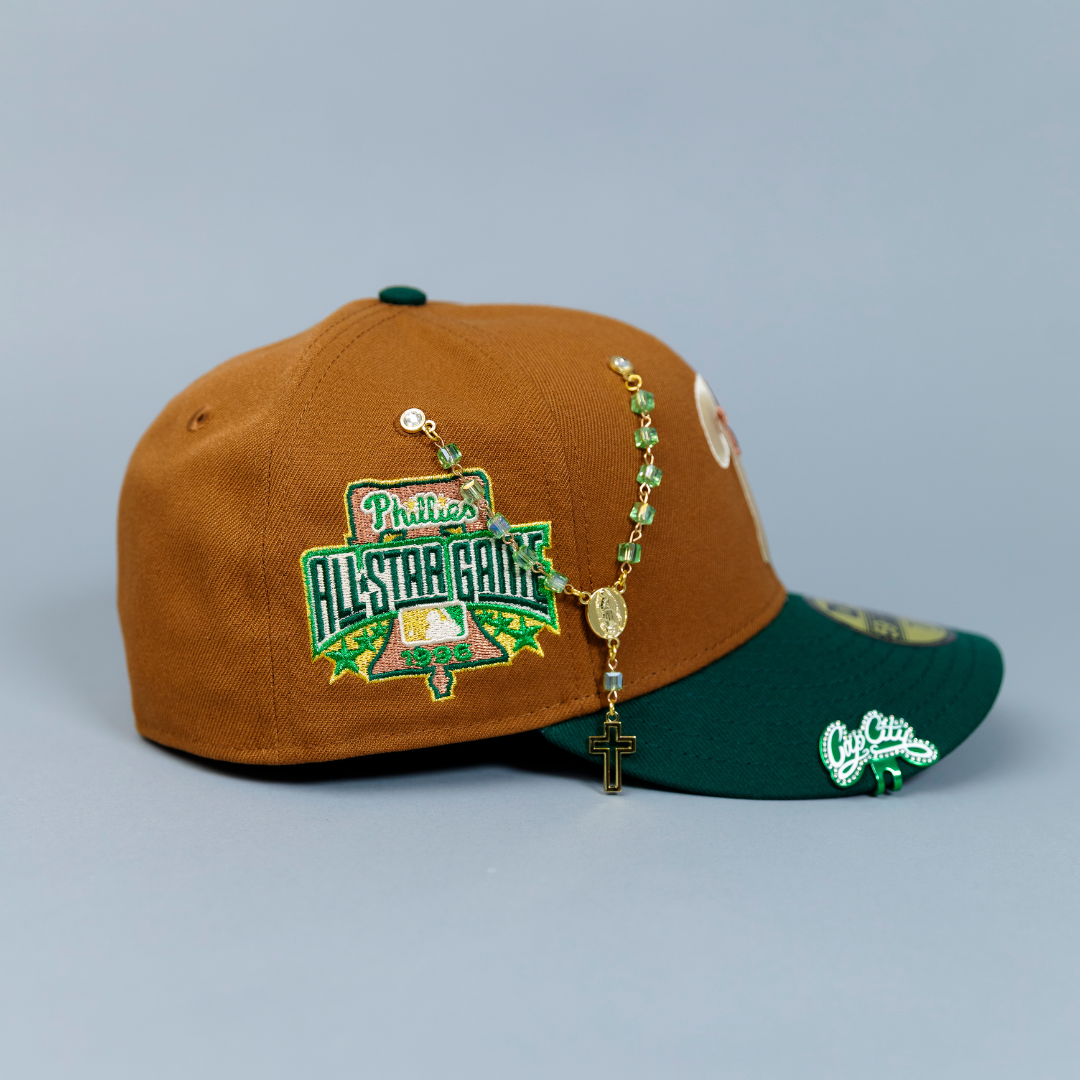 NEW ERA EXCLUSIVE 59FIFTY DARK KHAKI/ PINE GREEN PHILADELPHIA PHILLIES W/ 1996 ALL STAR GAME SIDE PATCH