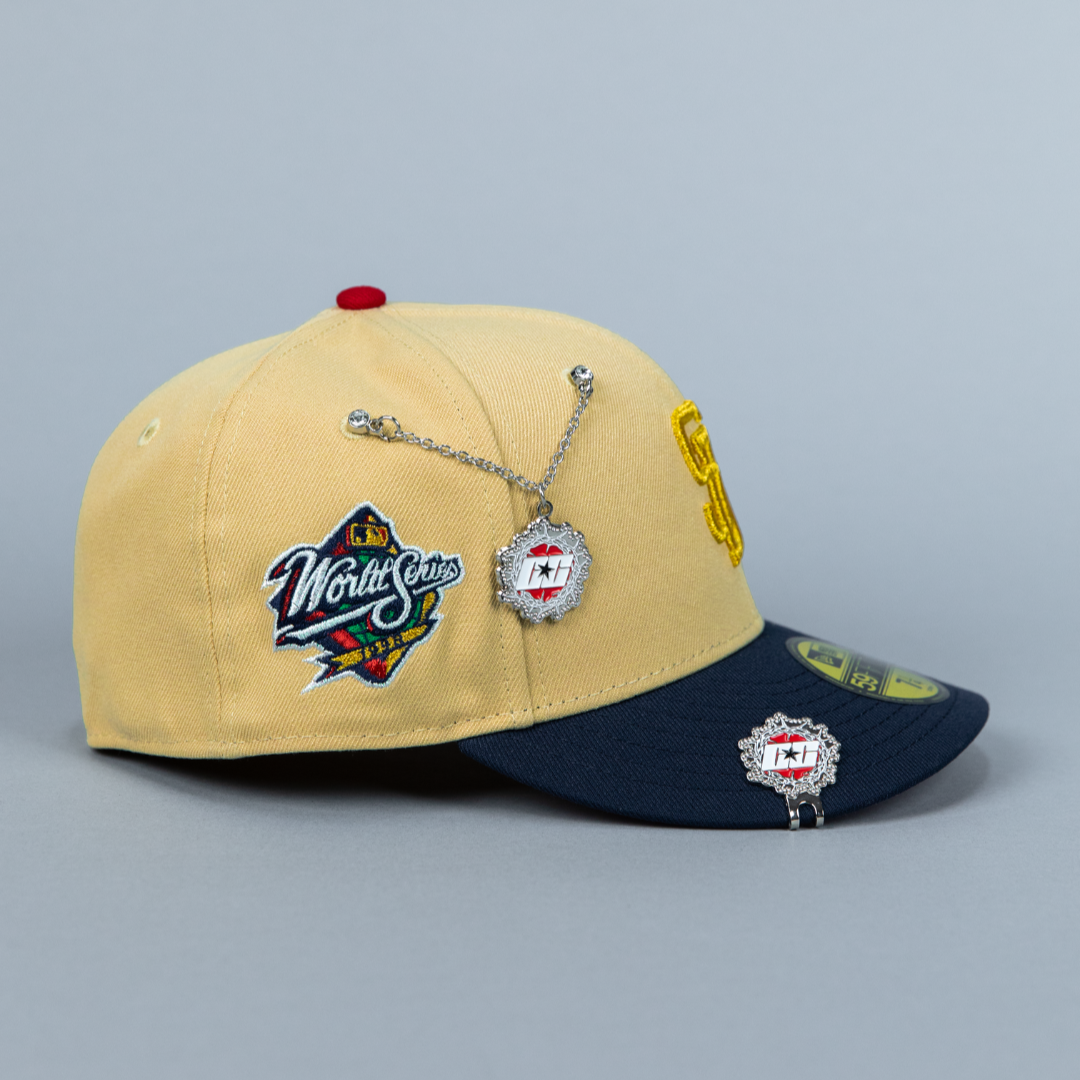 NEW ERA EXCLUSIVE 59FIFTY VEGAS GOLD/ NAVY SAN DIEGO PADRES W/ 1998 WORLD SERIES SIDE PATCH