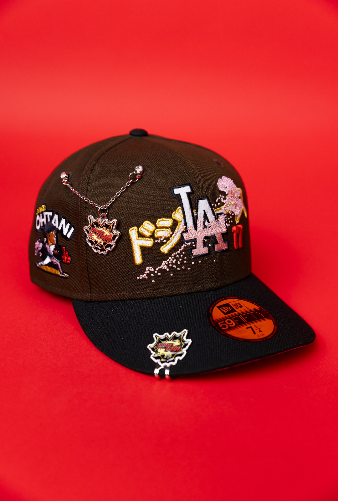 NEW ERA EXCLUSIVE 59FIFTY BROWN/ BLACK LOS ANGELES DODGERS W/ JAPANESE PINK BLOSSOM + 'SHOHEI OHTANI" SIDE PATCH
