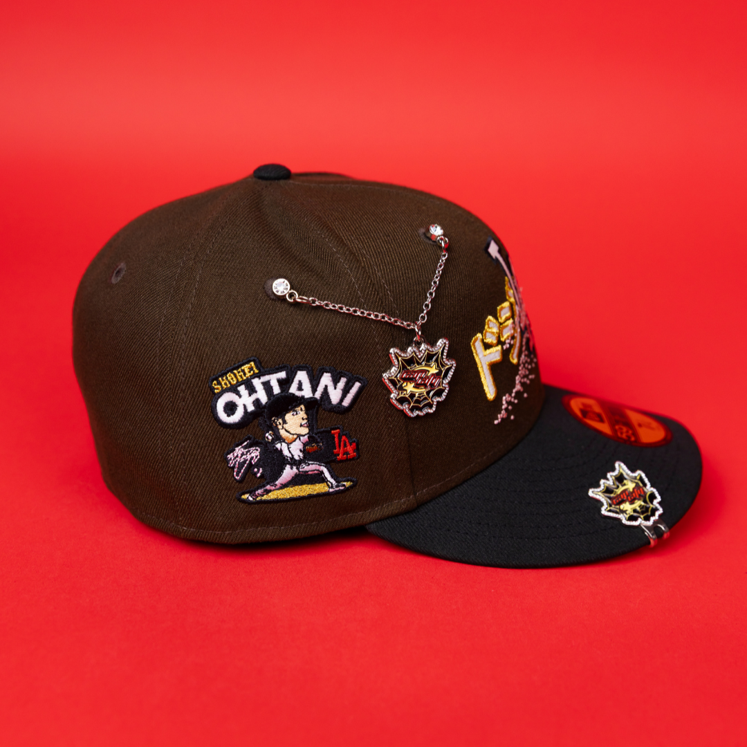 NEW ERA EXCLUSIVE 59FIFTY BROWN/ BLACK LOS ANGELES DODGERS W/ JAPANESE PINK BLOSSOM + 'SHOHEI OHTANI" SIDE PATCH