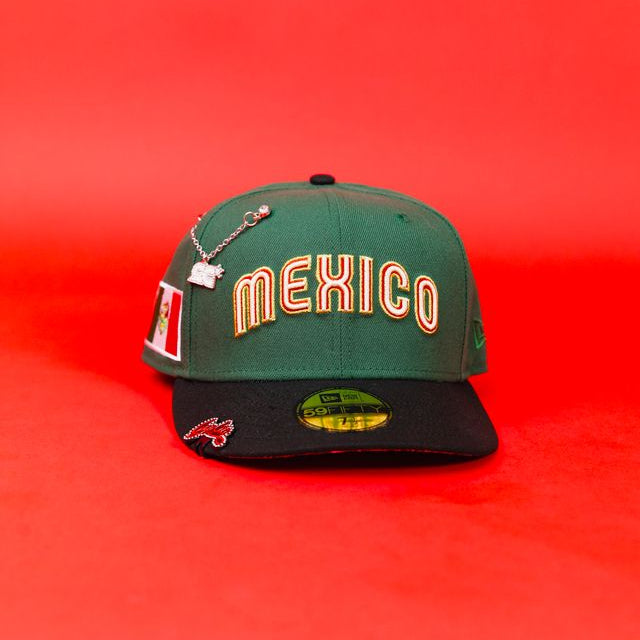 NEW ERA EXCLUSIVE 59FIFTY EMERALD GREEN/ BLACK MEXICO SCRIPT W/ MEXICO FLAG SIDE PATCH