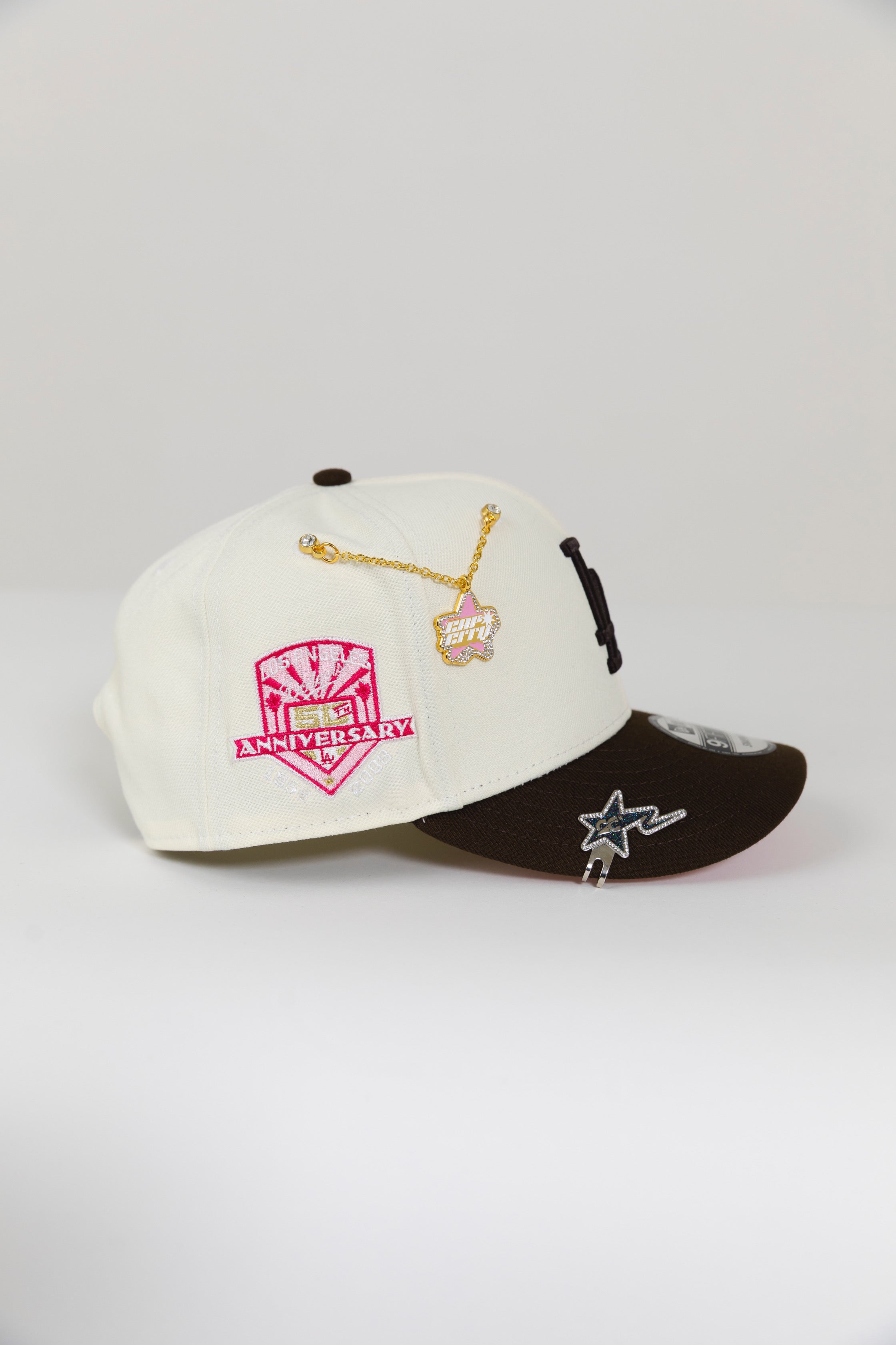 NEW ERA EXCLUSIVE 9FIFTY CHROME/ BROWN LOS ANGELES DODGERS SNAPBACK W/ 50TH ANNIVERSARY SIDE PATCH