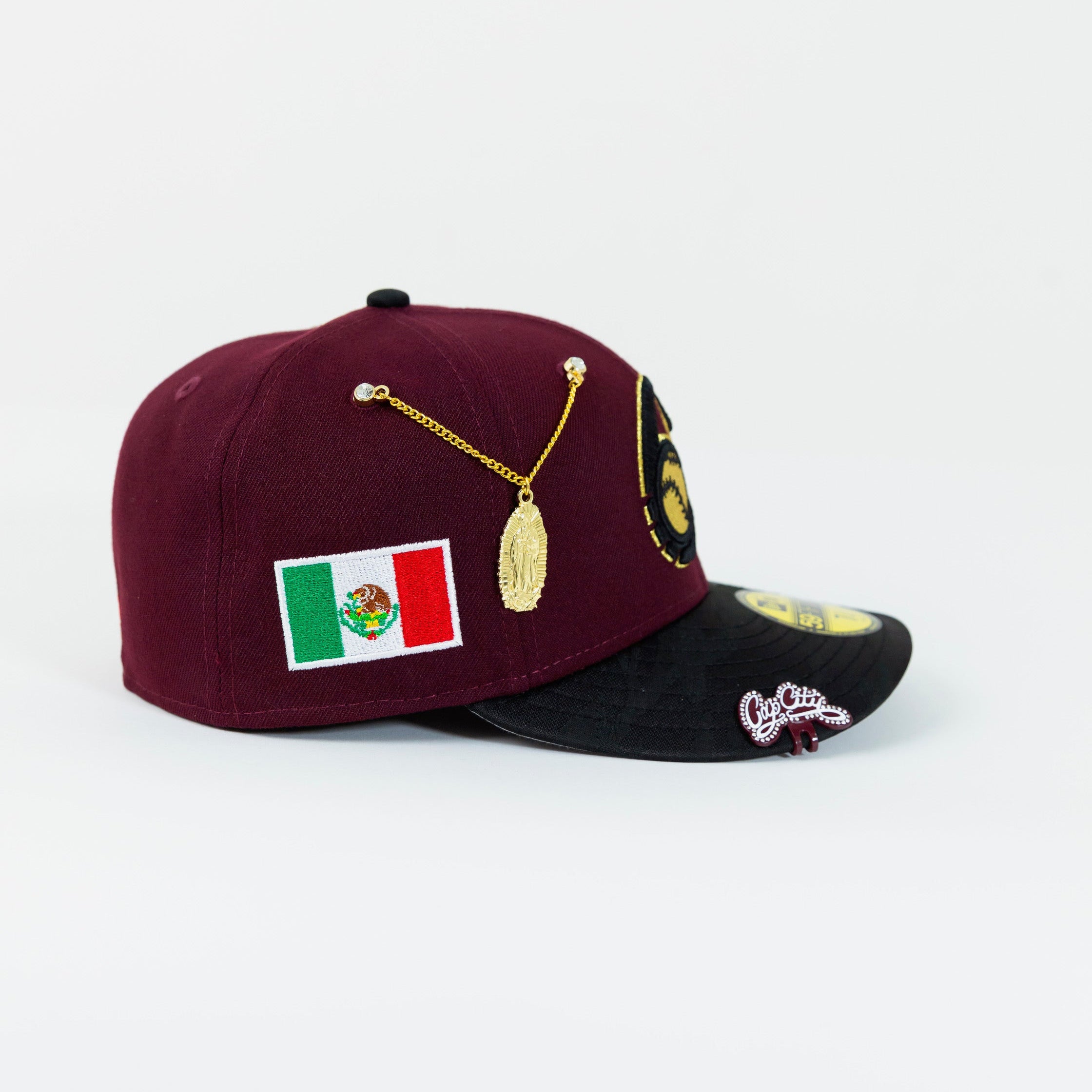 NEW ERA EXCLUSIVE 59FIFTY MAROON/ BLACK CAMO CHARROS DE JALISCO W/ MEXICO FLAG SIDE PATCH
