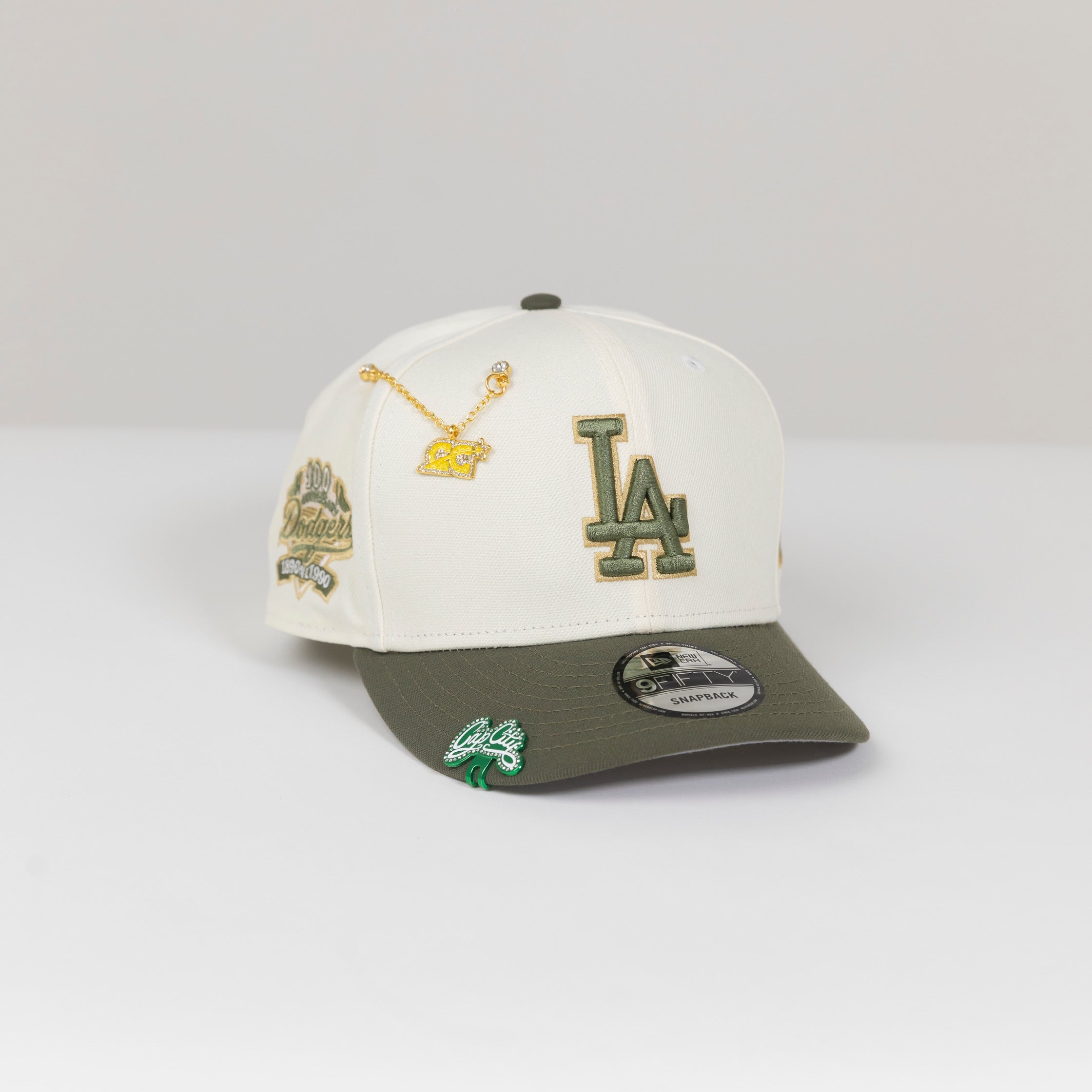 NEW ERA EXCLUSIVE 9FIFTY CHROME/ OLIVE GREEN LOS ANGELES DODGERS SNAPBACK W/ 100TH ANNIVERSARY SIDE PATCH