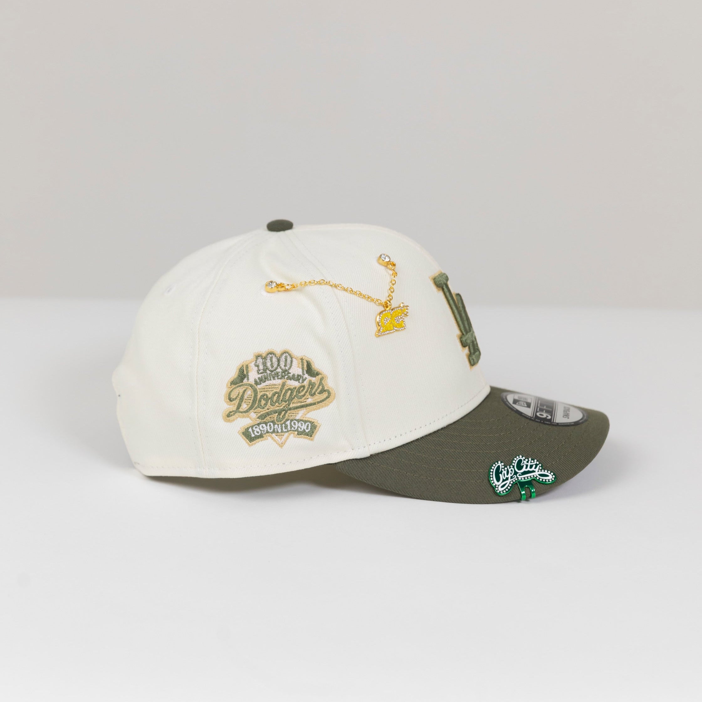 NEW ERA EXCLUSIVE 9FIFTY CHROME/ OLIVE GREEN LOS ANGELES DODGERS SNAPBACK W/ 100TH ANNIVERSARY SIDE PATCH
