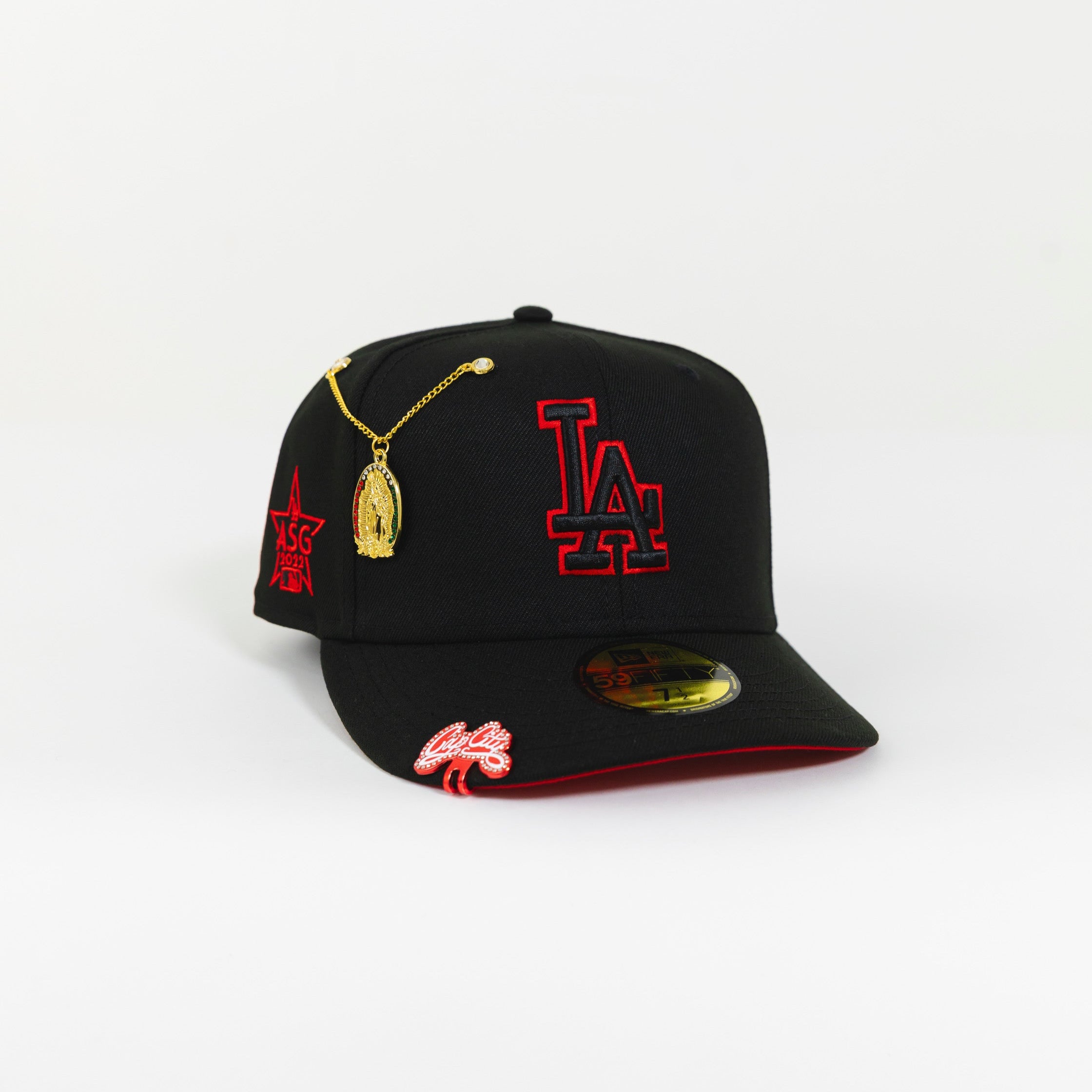NEW ERA 59FIFTY BLACKED OUT LOS ANGELES DODGERS W/ RED OUTLINE + 2022 ALL STAR GAME SIDE PATCH