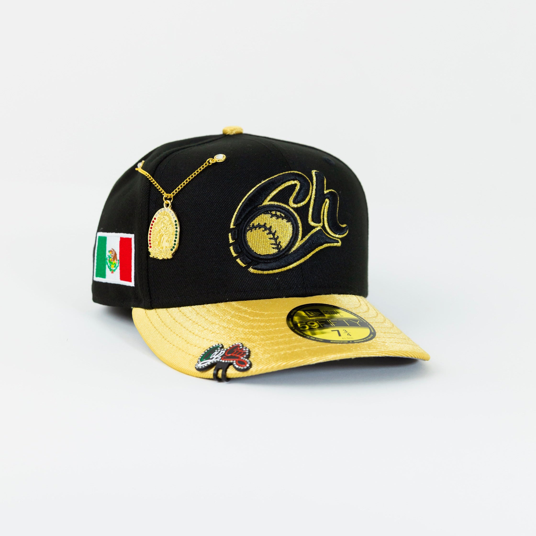 NEW ERA EXCLUSIVE 59FIFTY BLACK/ GOLD CHARROS DE JALISCO W/ MEXICO FLAG SIDE PATCH