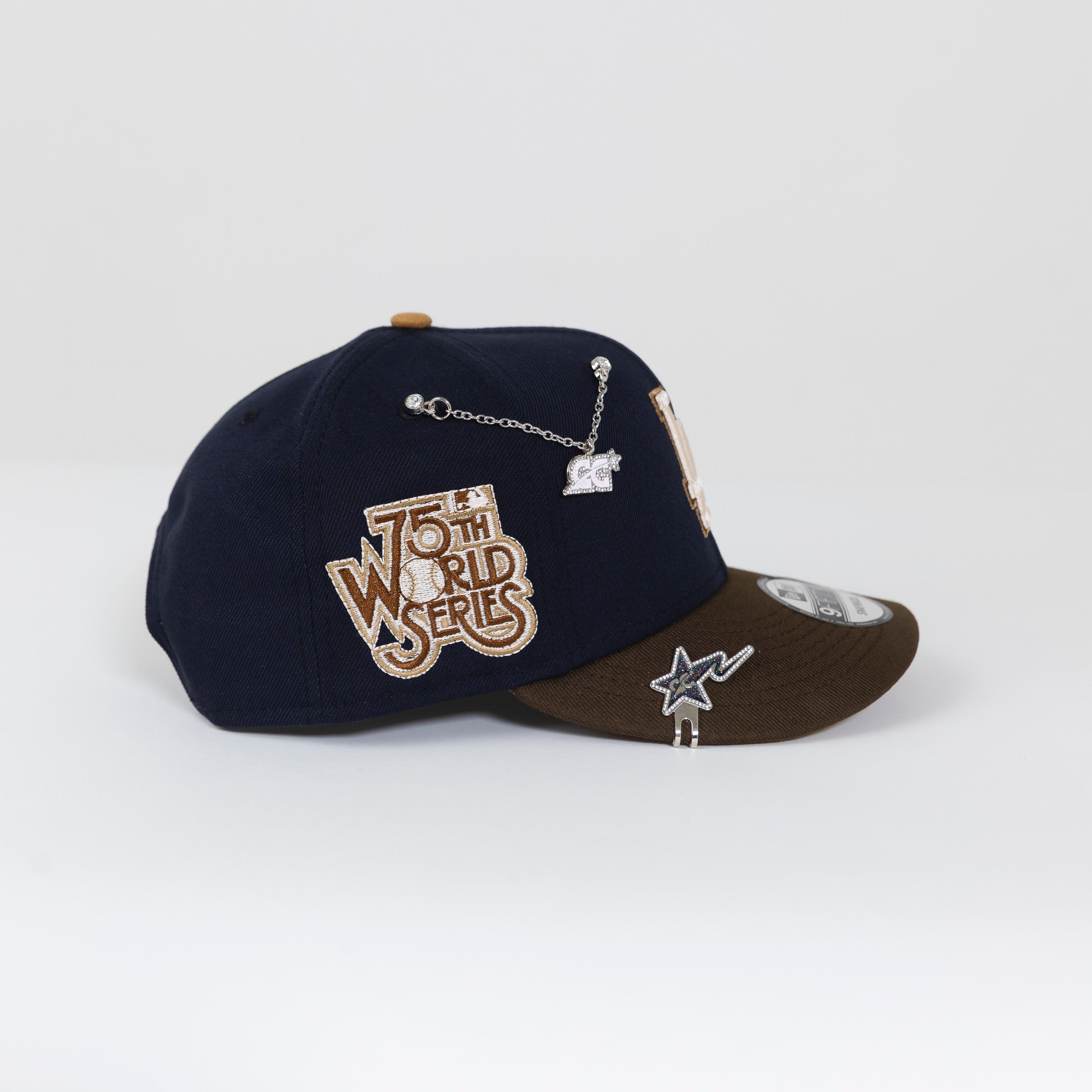 NEW ERA EXCLUSIVE 9FIFTY NAVY/ WALNUT LOS ANGELES DODGERS SNAPBACK W/ 75TH WORLD SERIES PATCH
