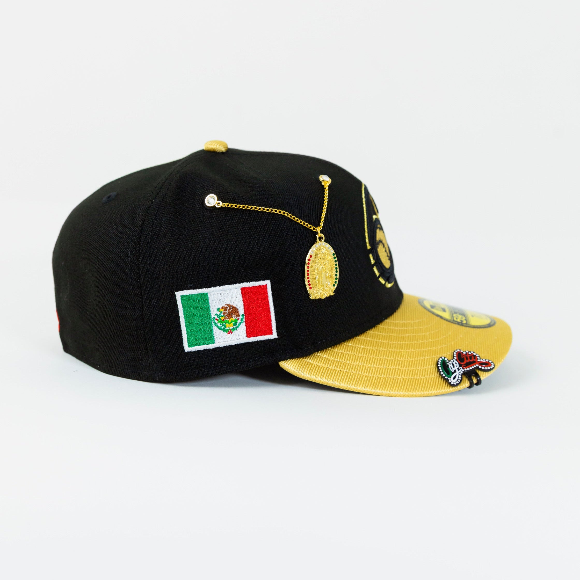 NEW ERA EXCLUSIVE 59FIFTY BLACK/ GOLD CHARROS DE JALISCO W/ MEXICO FLAG SIDE PATCH