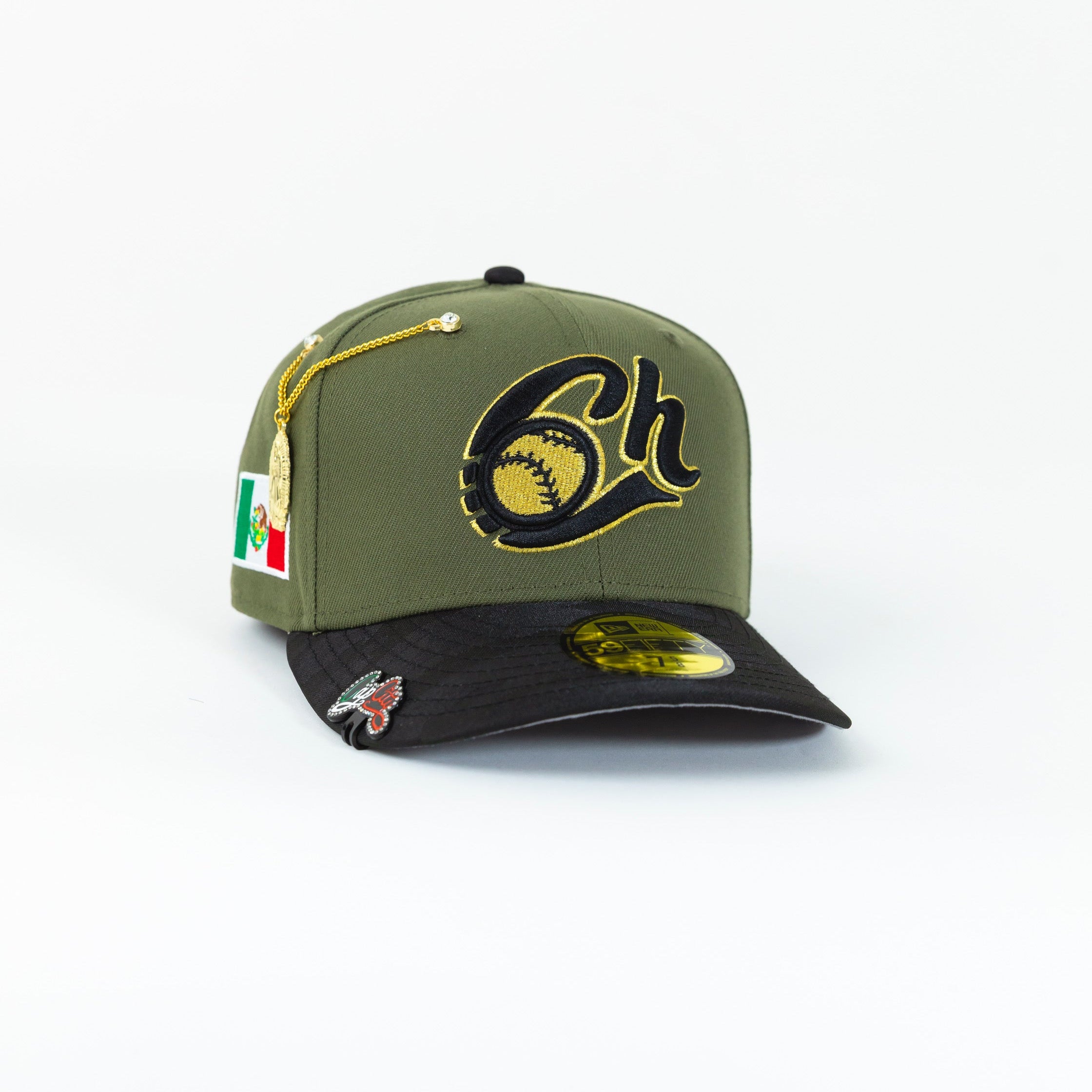 NEW ERA EXCLUSIVE 59FIFTY OLIVE/ BLACK CAMO CHARROS DE JALISCO W/ MEXICO FLAG SIDE PATCH