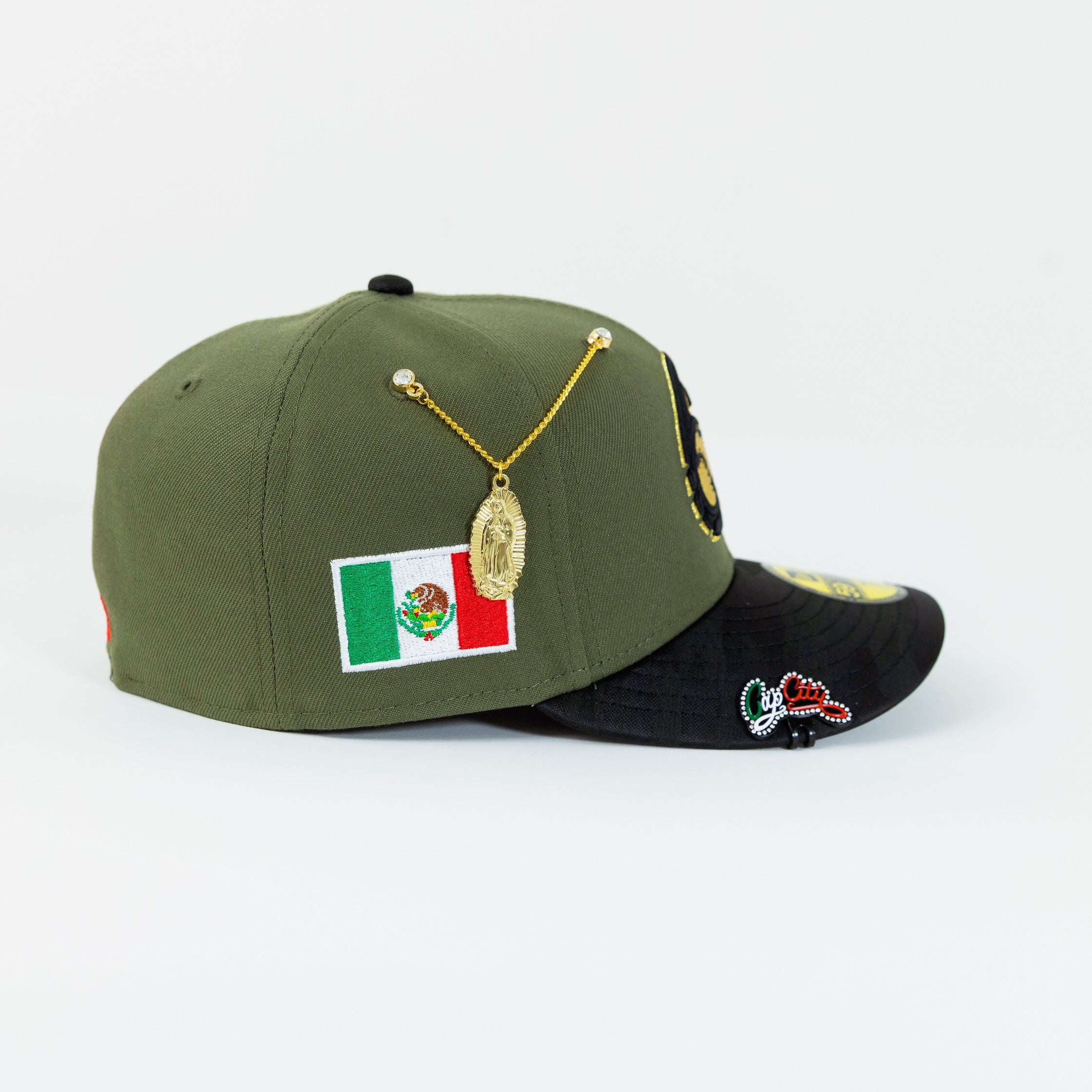 NEW ERA EXCLUSIVE 59FIFTY OLIVE/ BLACK CAMO CHARROS DE JALISCO W/ MEXICO FLAG SIDE PATCH