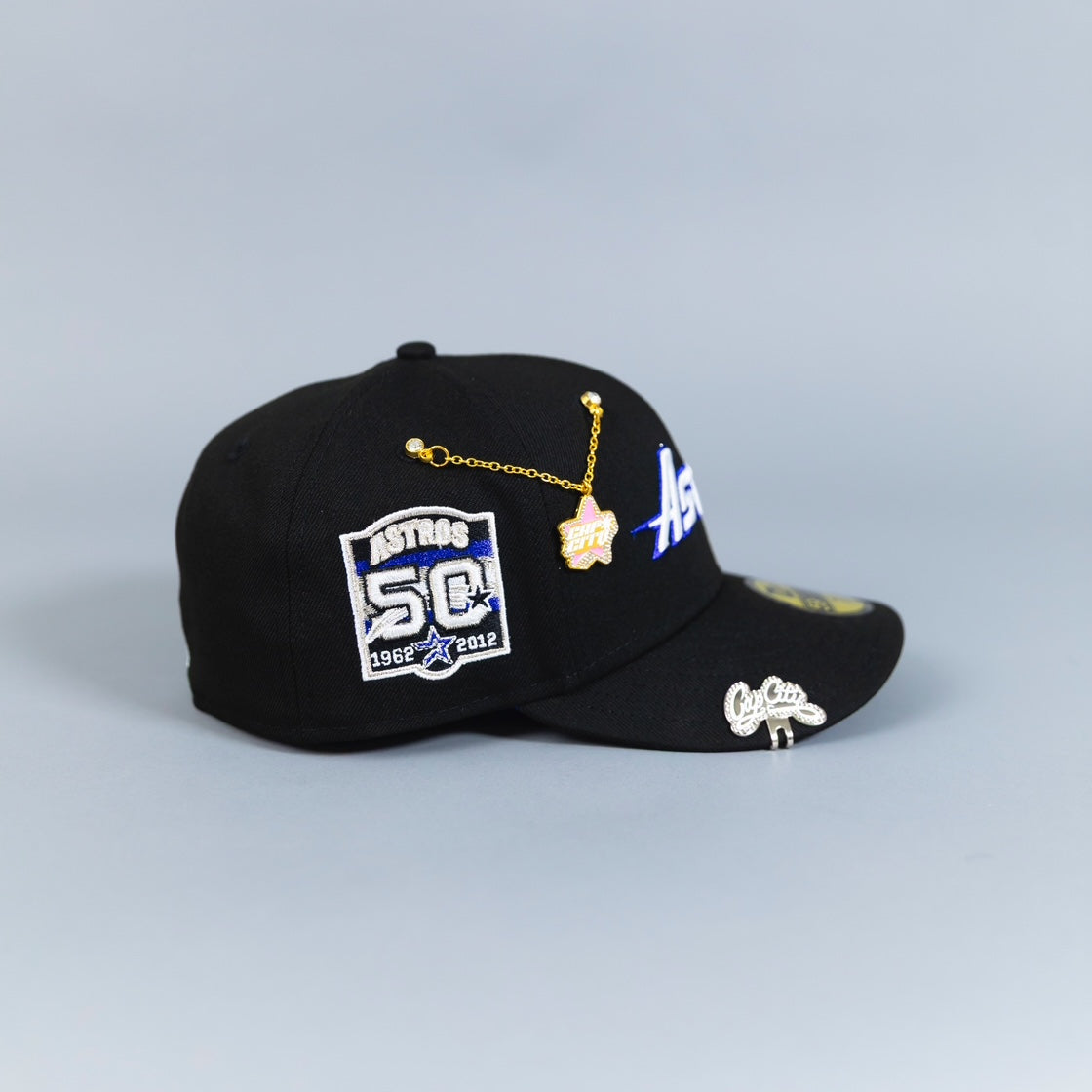 NEW ERA EXCLUSIVE 59FIFTY BLACK HOUSTON ASTROS SCRIPT W/ 50TH ANNIVERSARY SIDE PATCH