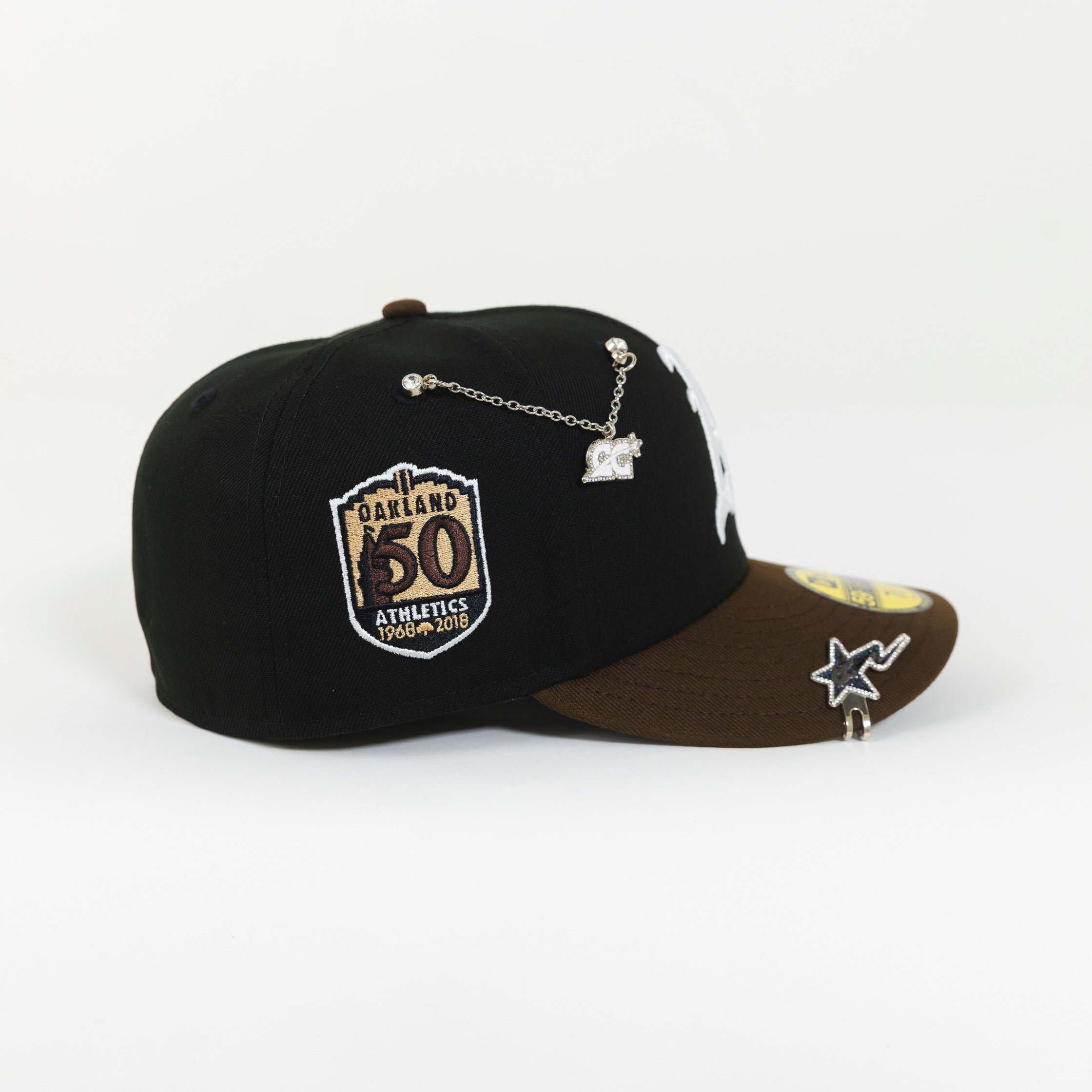 NEW ERA EXCLUSIVE 59FIFTY BLACK/ BROWN OAKLAND ATHLETICS W/ 50TH ANNIVERSARY SIDE PATCH