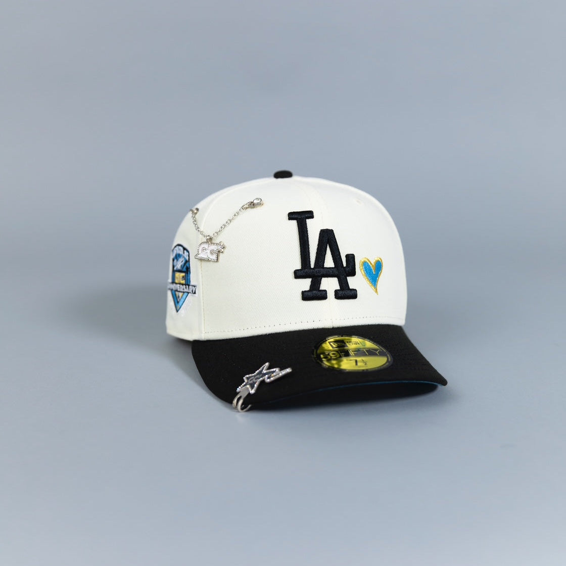 NEW ERA EXCLUSIVE 59FIFTY CHROME/ BLACK LOS ANGELES DODGERS W/ ICY HEART + 50TH ANNIVERSARY SIDE PATCH