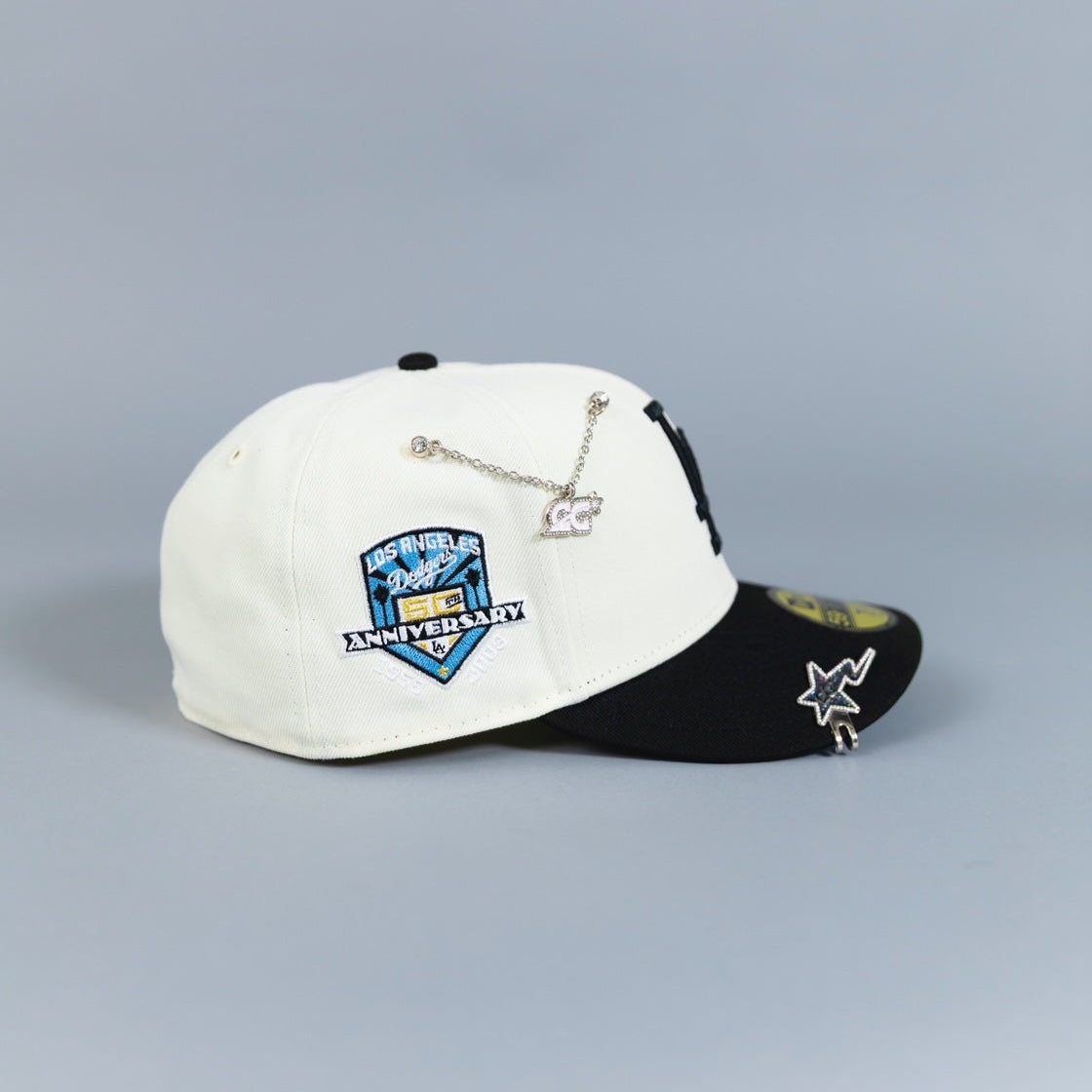 NEW ERA EXCLUSIVE 59FIFTY CHROME/ BLACK LOS ANGELES DODGERS W/ ICY HEART + 50TH ANNIVERSARY SIDE PATCH
