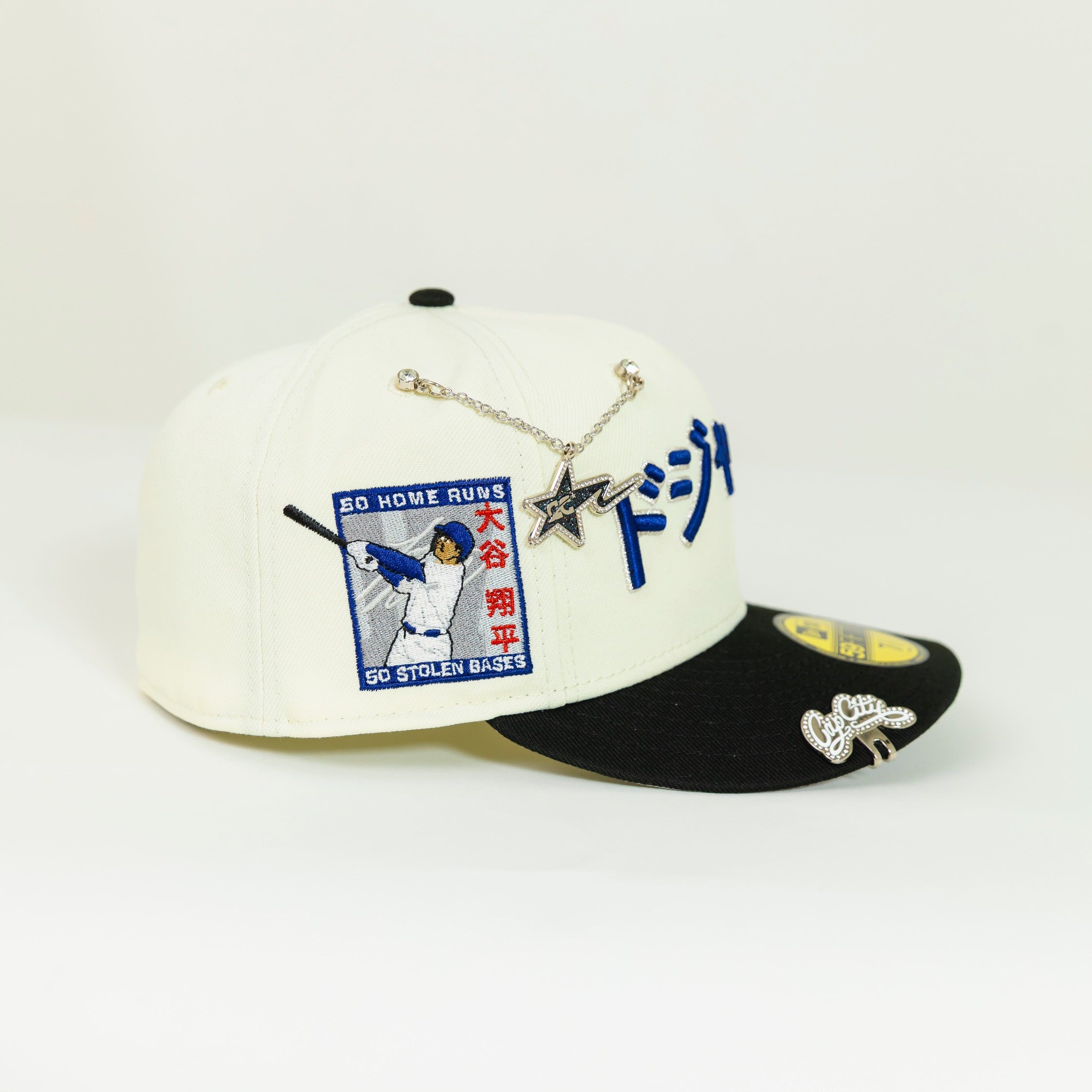 NEW ERA 59FIFTY CHROME/ BLACK LOS ANGELES DODGERS JAPANESE SCRIPT W/ "SHOHEI OHTANI 50-50 CLUB" SIDE PATCH