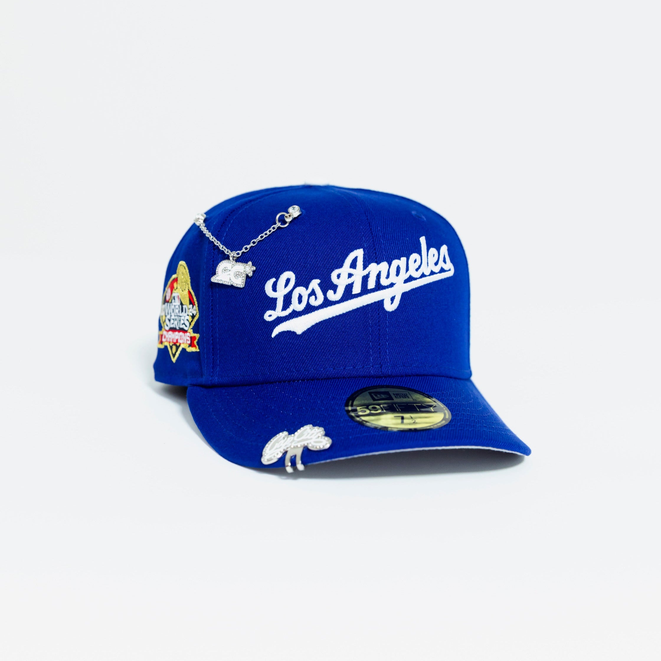 NEW ERA 59FIFTY BLUE LOS ANGELES DODGERS SCRIPT W/ 2024 WORLD SERIES CHAMPIONS SIDE PATCH