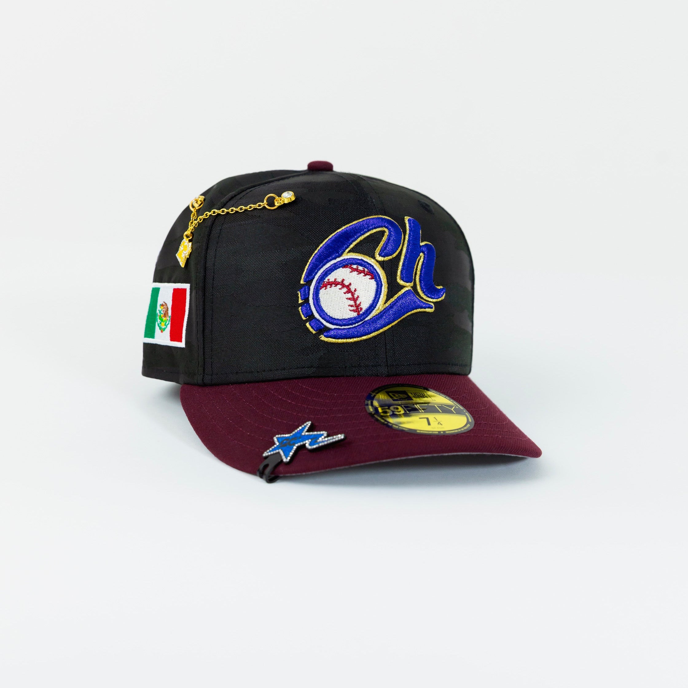 NEW ERA EXCLUSIVE 59FIFTY BLACK CAMO/ BURGUNDY CHARROS DE JALISCO W/ MEXICO FLAG SIDE PATCH