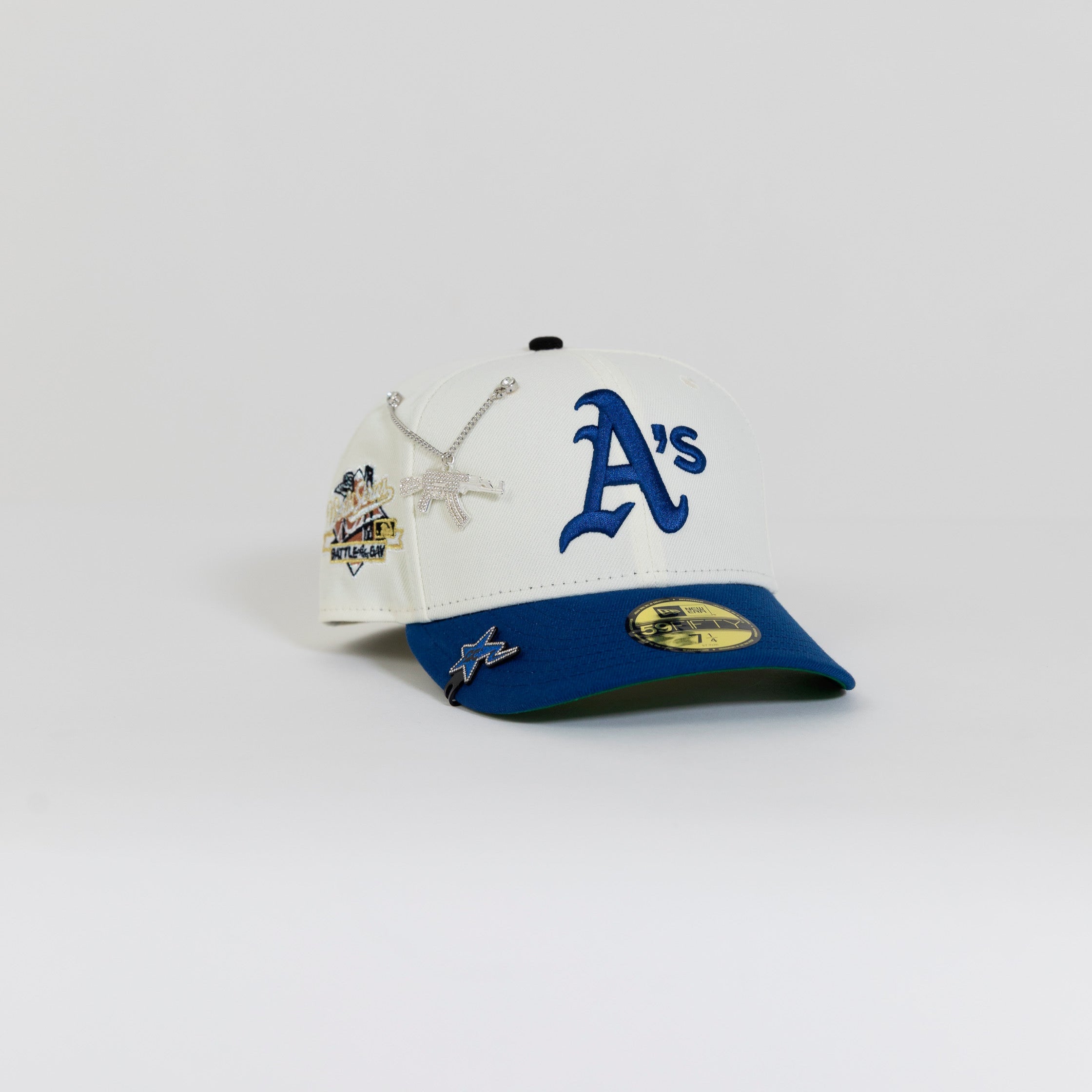 NEW ERA EXCLUSIVE 59FIFTY CHROME/ BLUE OAKLAND ATHLETICS W/ "BATTLE OF THE BAY" SIDE PATCH