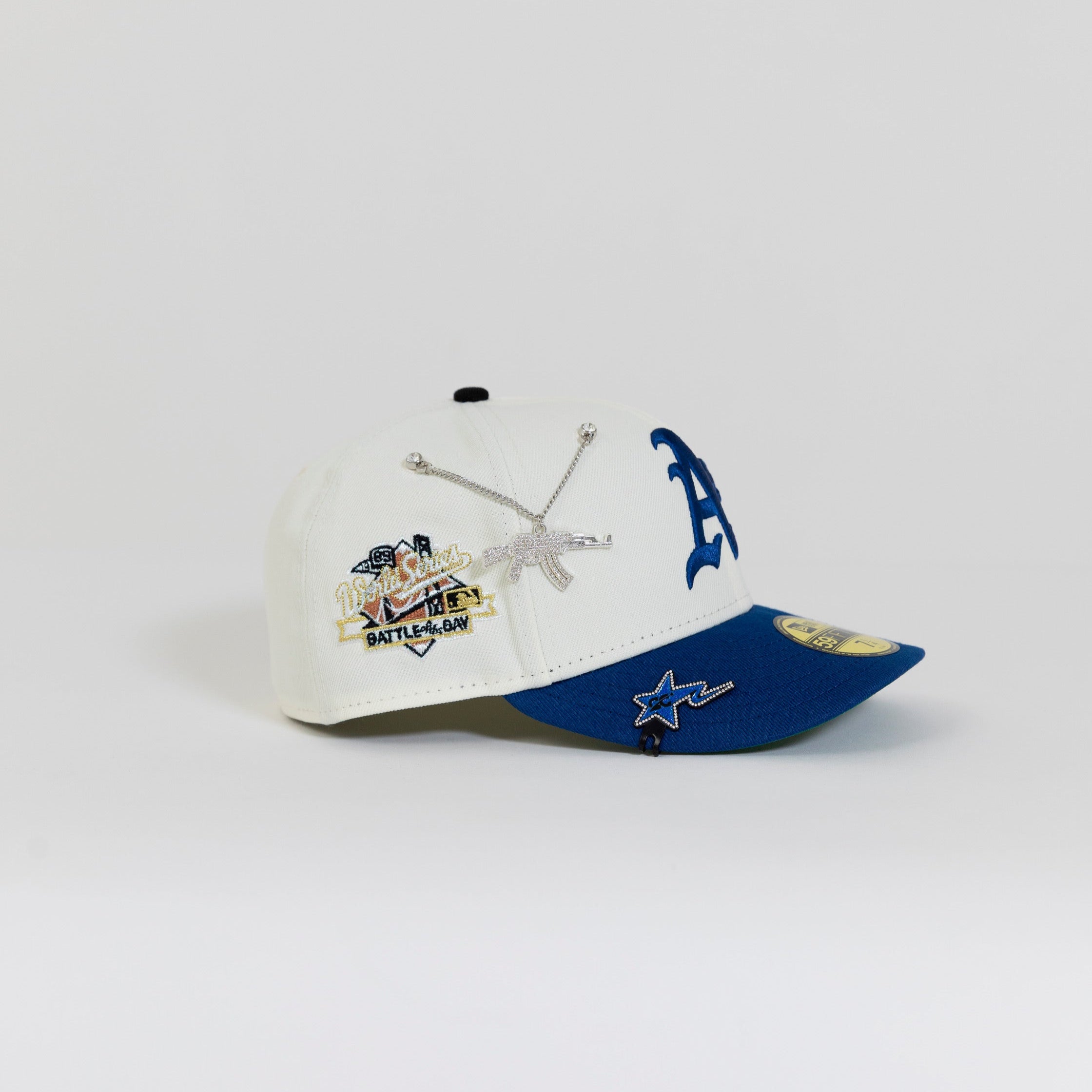 NEW ERA EXCLUSIVE 59FIFTY CHROME/ BLUE OAKLAND ATHLETICS W/ "BATTLE OF THE BAY" SIDE PATCH