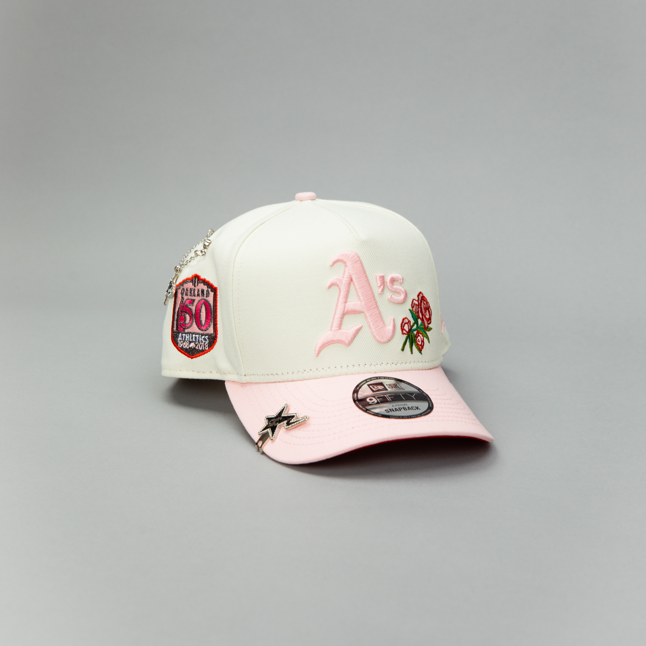 NEW ERA EXCLUSIVE 9FIFTY A-FRAME CHROME/ PINK OAKLAND A'S W/ ROSE5 + 50TH ANNIVERSARY SIDE PATCH