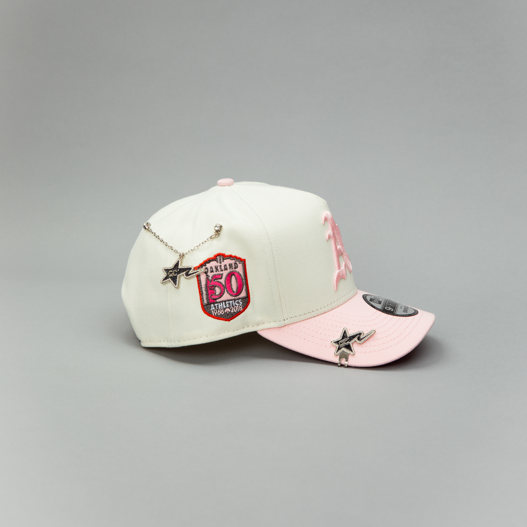 NEW ERA EXCLUSIVE 9FIFTY A-FRAME CHROME/ PINK OAKLAND A'S W/ ROSE5 + 50TH ANNIVERSARY SIDE PATCH