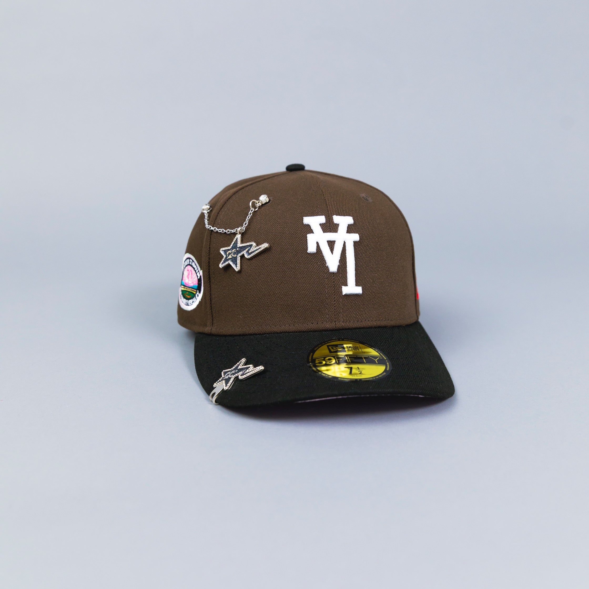 NEW ERA 59FIFTY BROWN/ BLACK UPSIDE DOWN LOS ANGELES DODGERS W/ 50TH ANNIVERSARY SIDE PATCH