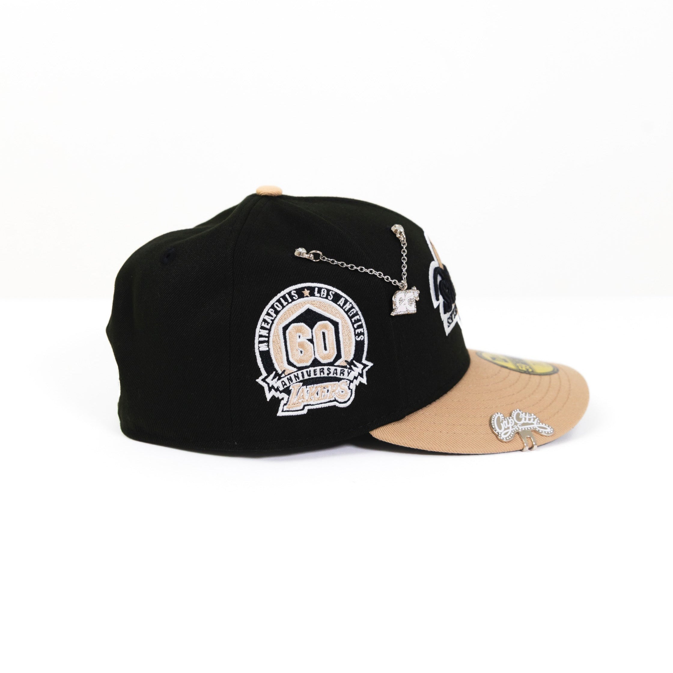 NEW ERA EXCLUSIVE 59FIFTY BLACK/KHAKI UPSIDE DOWN "LOS ANGELES LAKERS" W/ 60TH ANNIVERSARY SIDE PATCH