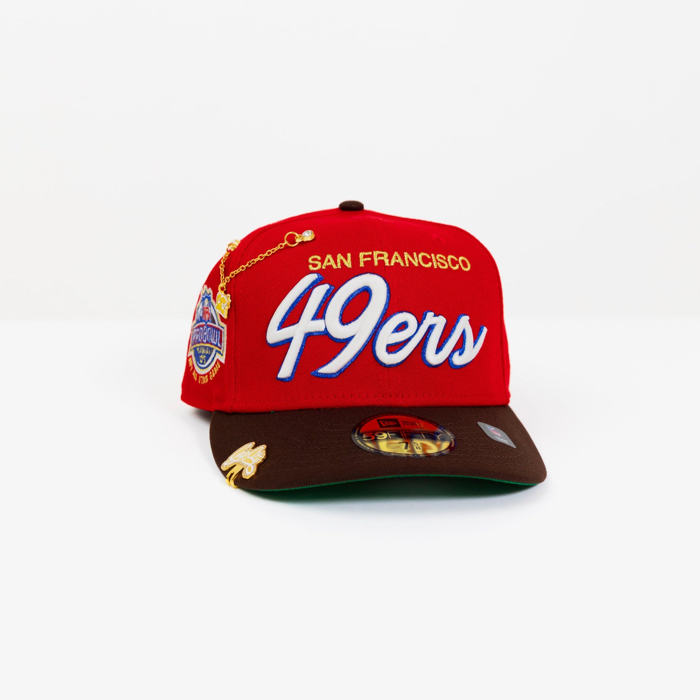 NEW ERA EXCLUSIVE 59FIFTY RED/ WALNUT SAN FRANCISCO "49ERS" SCRIPT W/ PRO BOWL SIDE PATCH