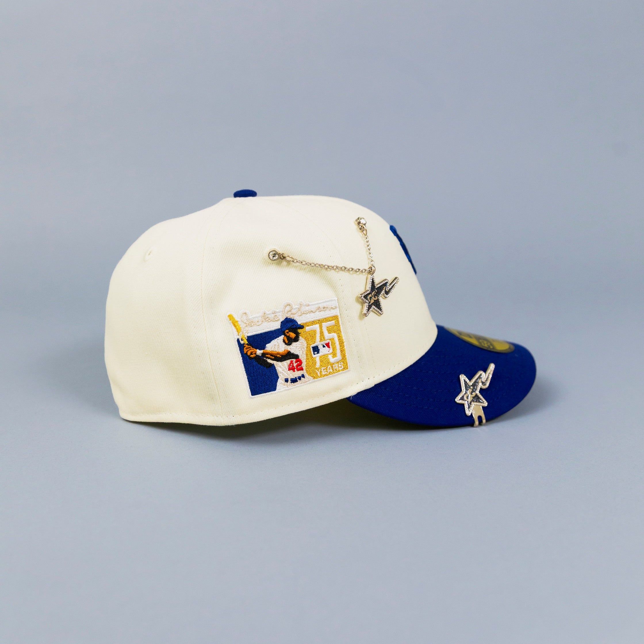 NEW ERA EXCLUSIVE 59FIFTY CHROME/ BLUE UPSIDE DOWN LOS ANGELES DODGERS W/ "JACKIE ROBINSON" SIDE PATCH