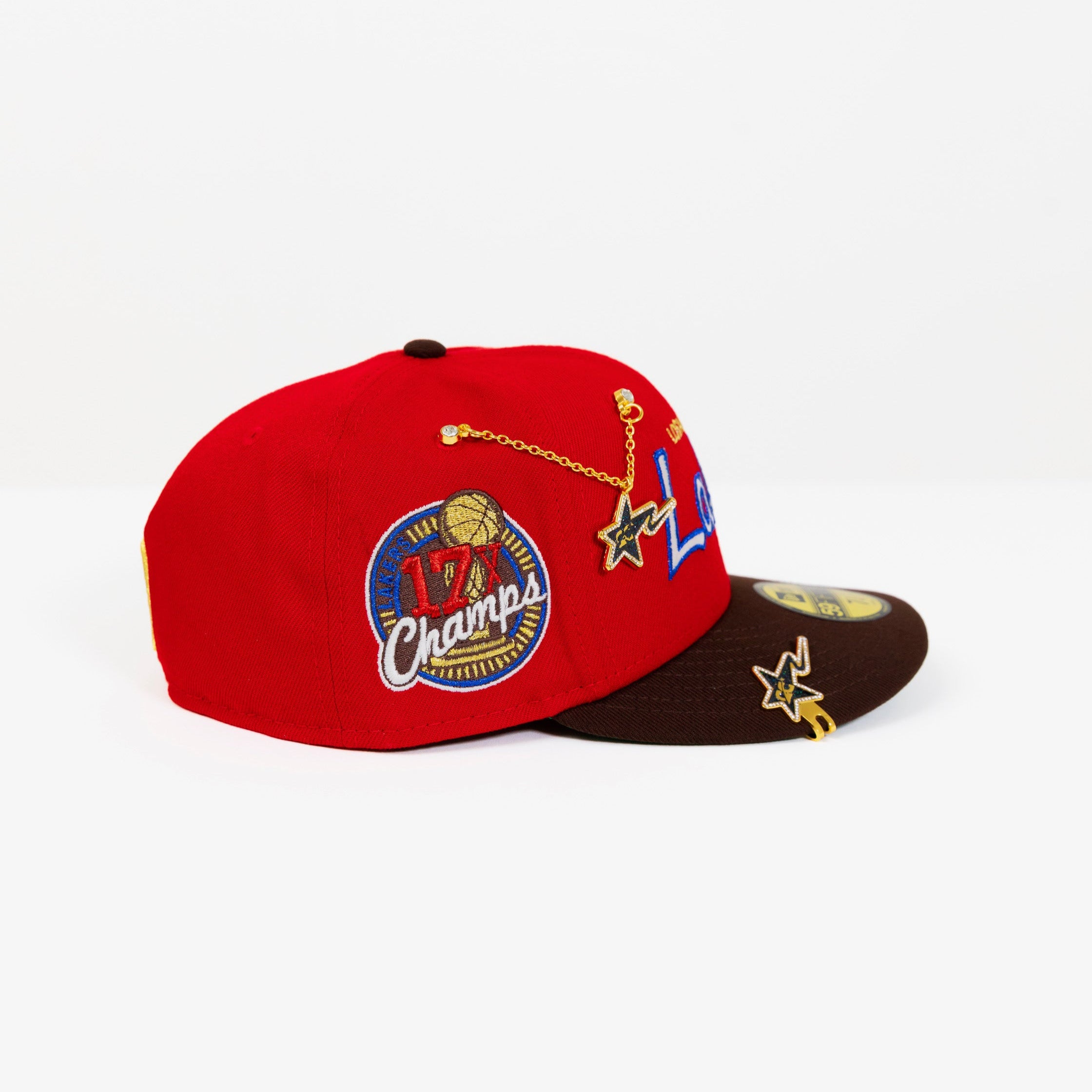 NEW ERA EXCLUSIVE 59FIFTY RED/ WALNUT LOS ANGELES LAKERS SCRIPT W/ 17X CHAMPIONS SIDE PATCH