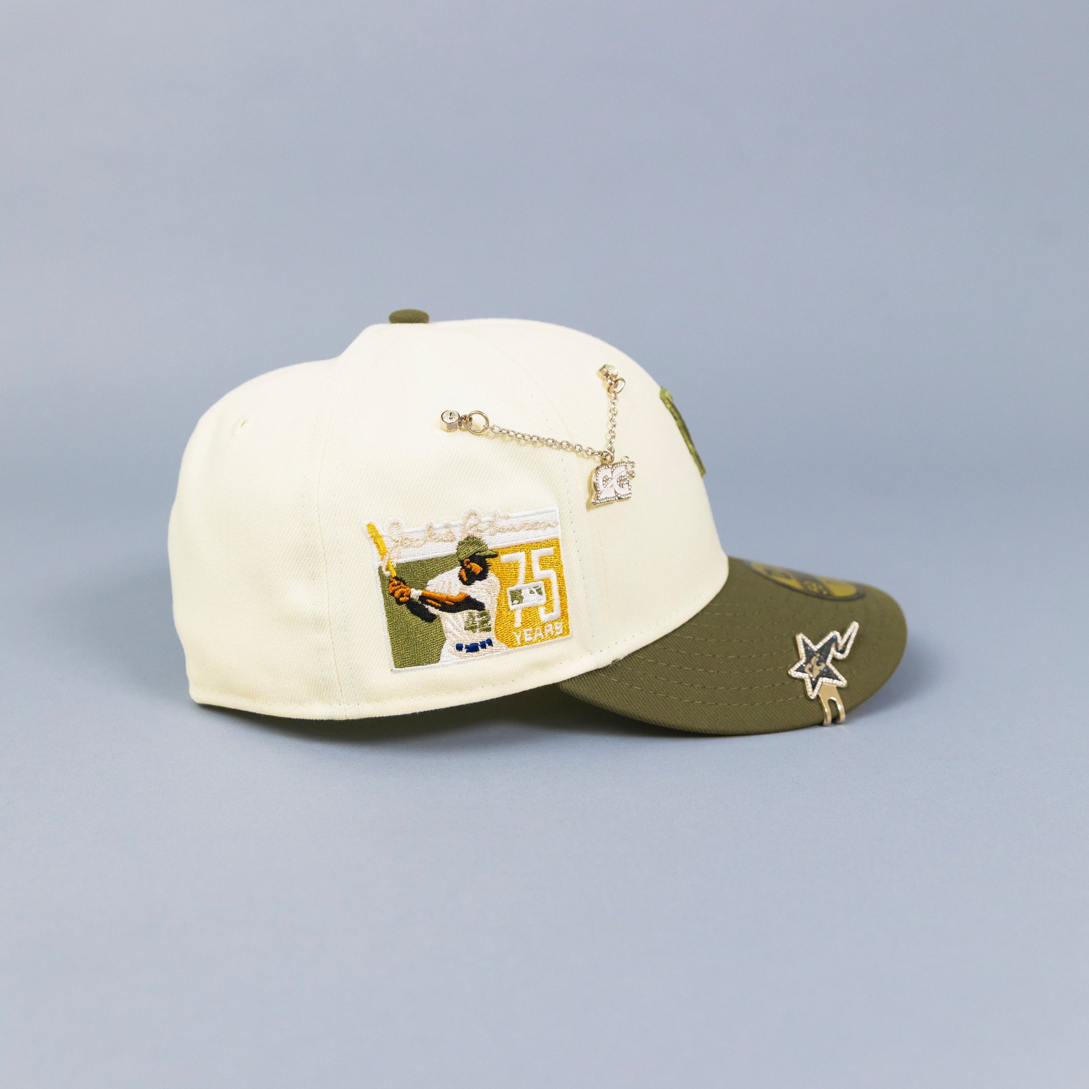 NEW ERA EXCLUSIVE 59FIFTY CHROME/ OLIVE UPSIDE DOWN LOS ANGELES DODGERS W/ "JACKIE ROBINSON" SIDE PATCH