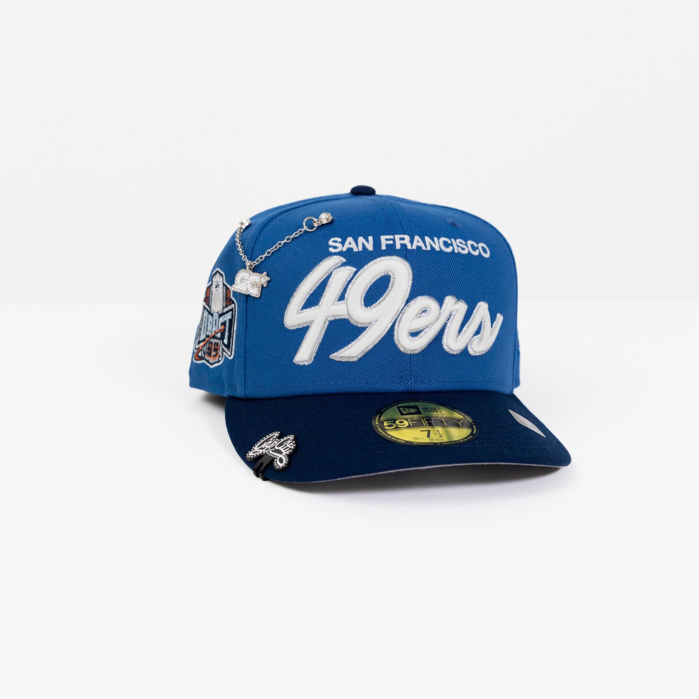 NEW ERA EXCLUSIVE 59FIFTY COBALT BLUE/ NAVY SAN FRANSICO "49ERS" SCRIPT W/ DRAFT SIDE PATCH
