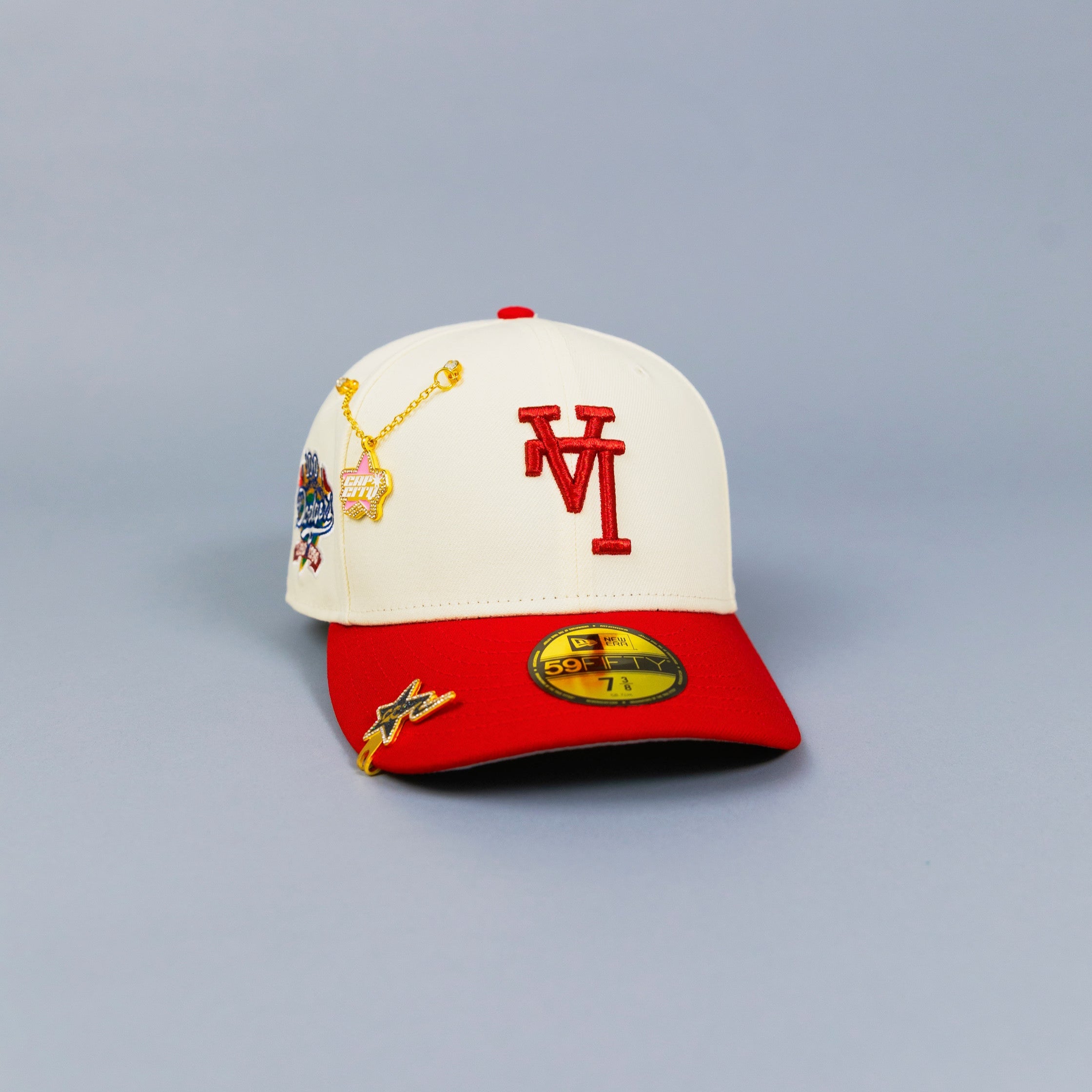 NEW ERA EXCLUSIVE 59FIFTY CHROME/ RED UPSIDE DOWN LOS ANGELES DODGERS SCRIPT W/ 100TH ANNIVERSARY SIDE PATCH